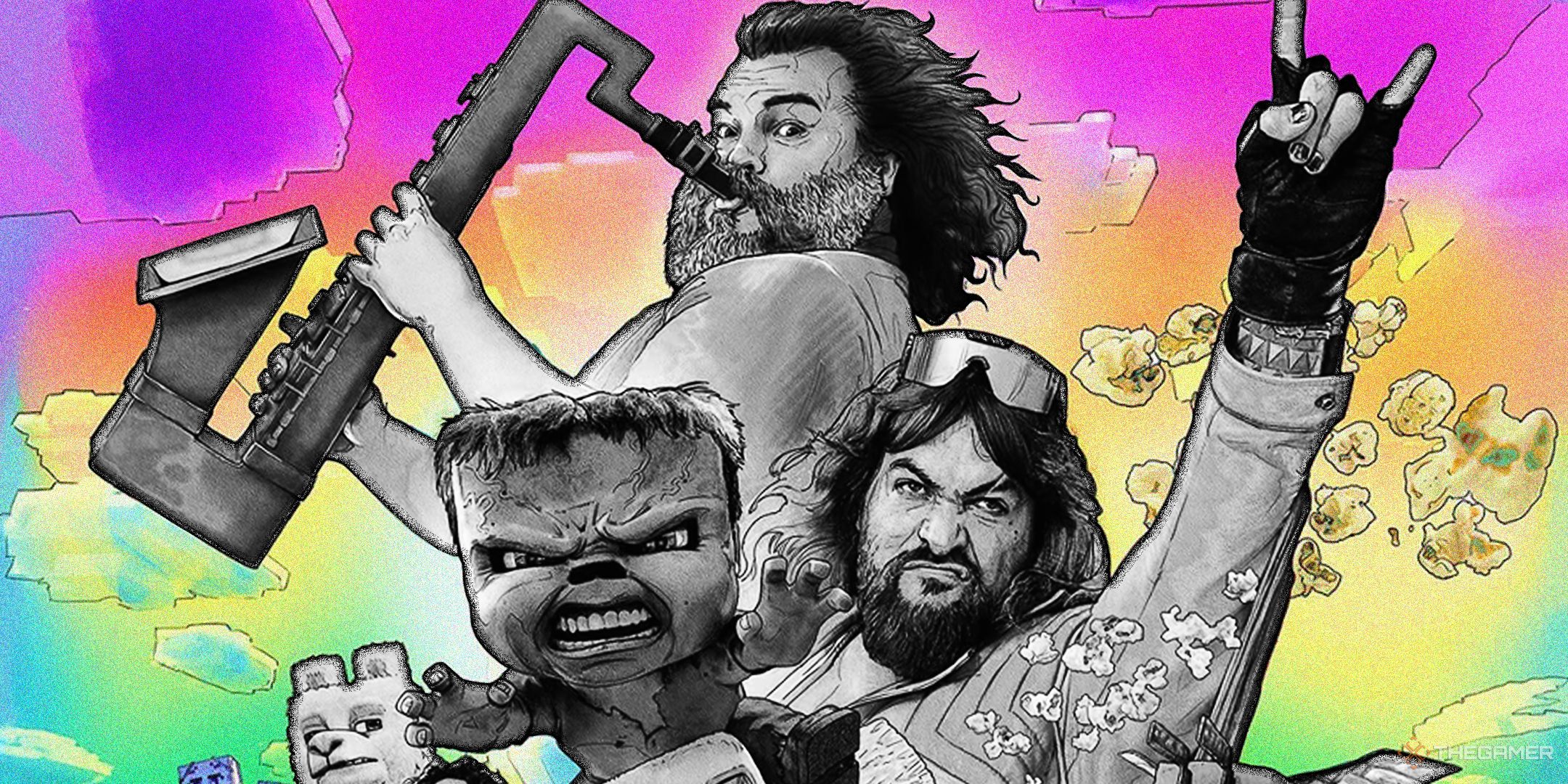 TG Minecraft Movie Block Party Poster with characters in black and white