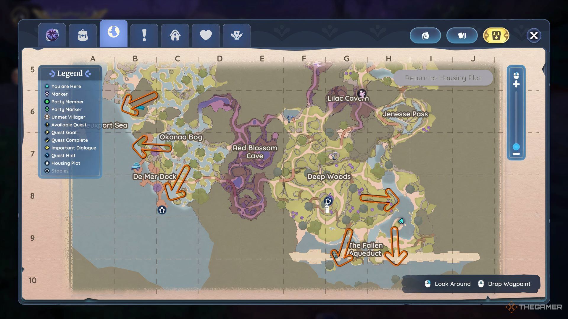 The Elderwood Map With Arrows Pointing To Where You Can Find Toadstool Floatfish In Palia.