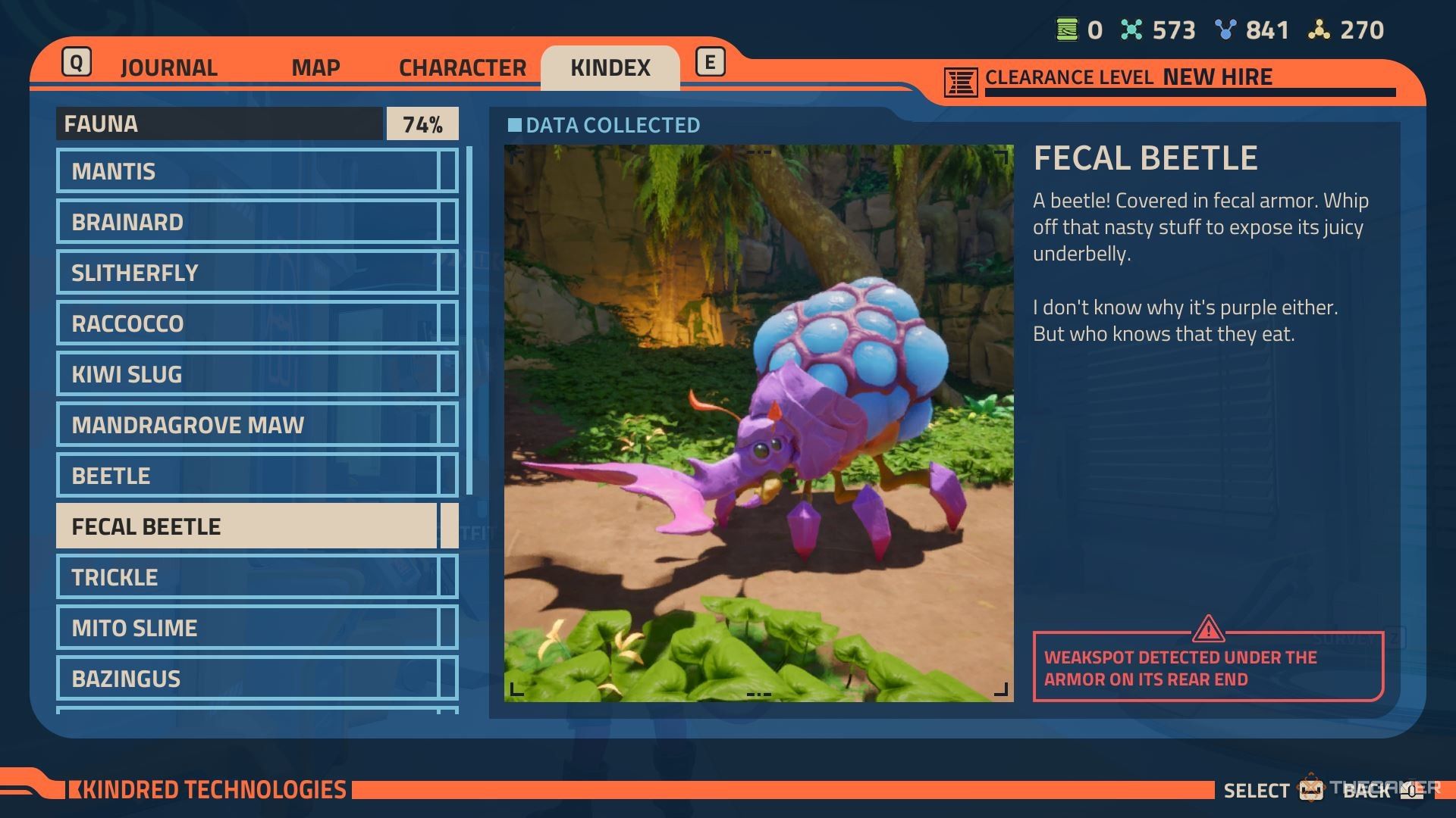 The Fecal Beetle Kindex entry in Revenge of the Savage Planet.