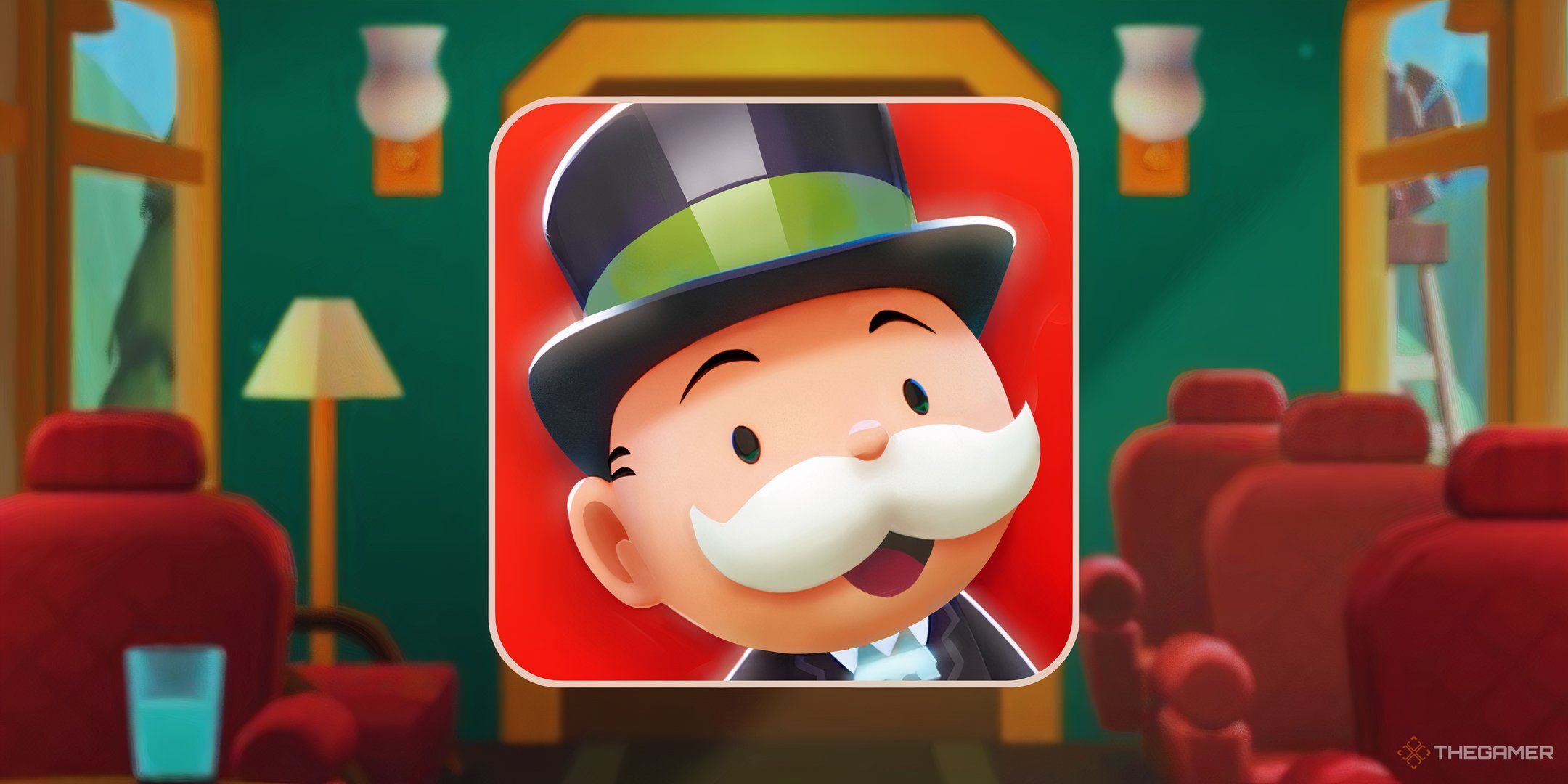 The Monopoly Go icon of Mr. Monopoly in front of the train for the Tycoon Express.