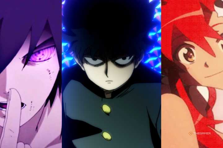 A collage of images showcasing (From Left to Right) Sasuke Uchiha from Naruto: Shippuden, Mob from Mob Psycho 100, and Yoko Littner from Gurren Lagann.