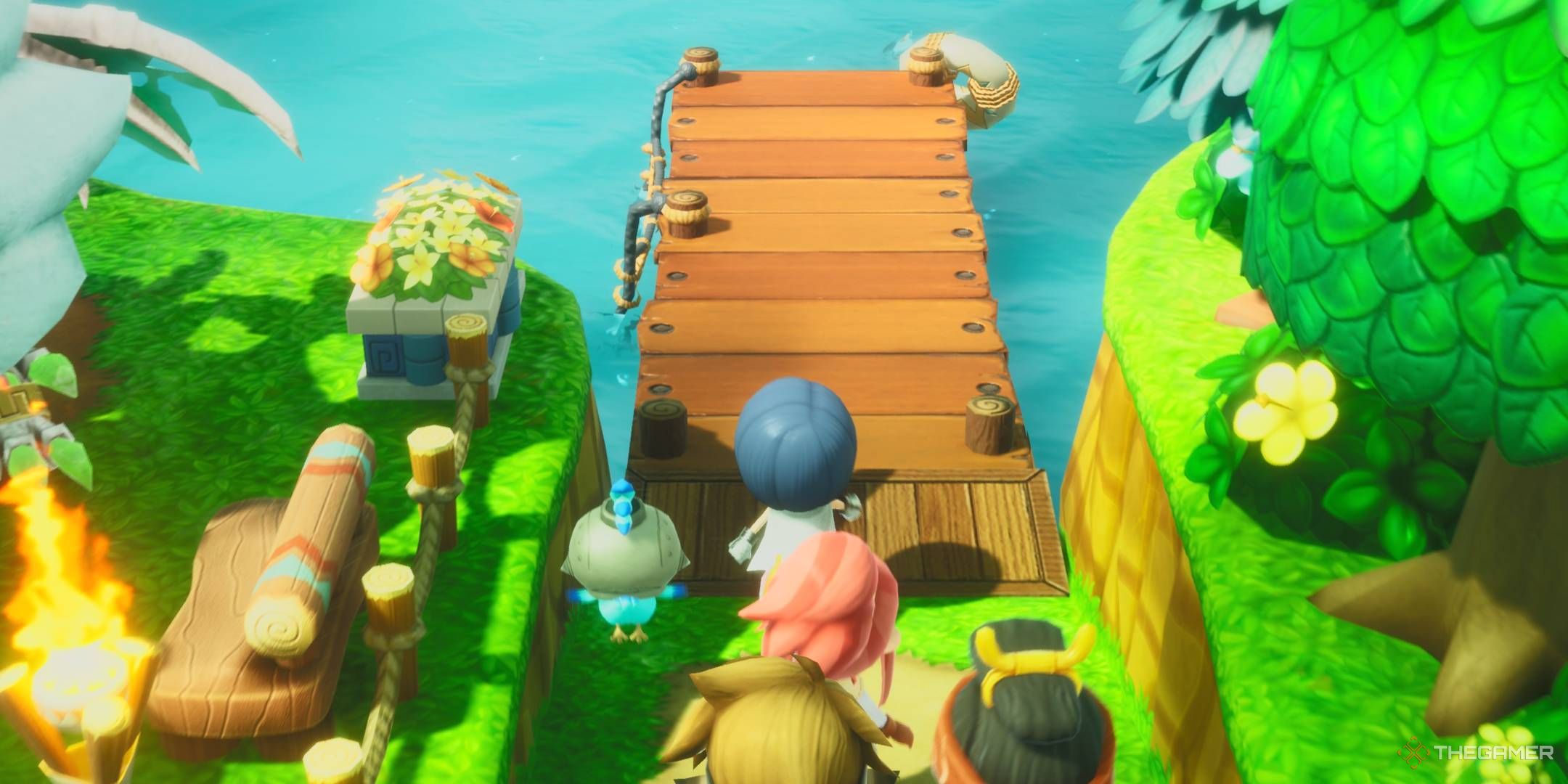 The player and Buddies rush toward a pier in Fantasy Life i.