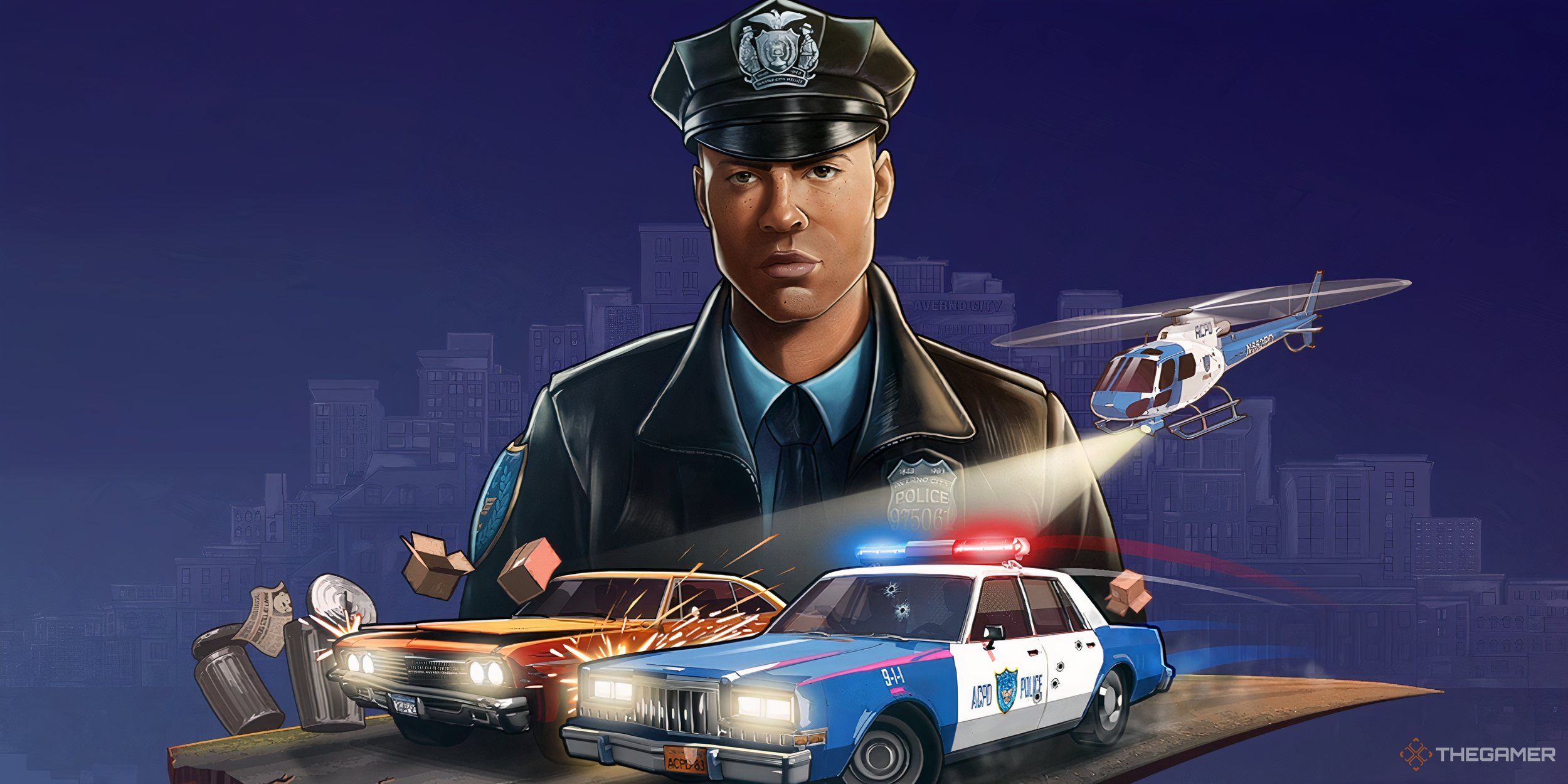 The Precinct key art of a cop with a car chase in the foreground.
