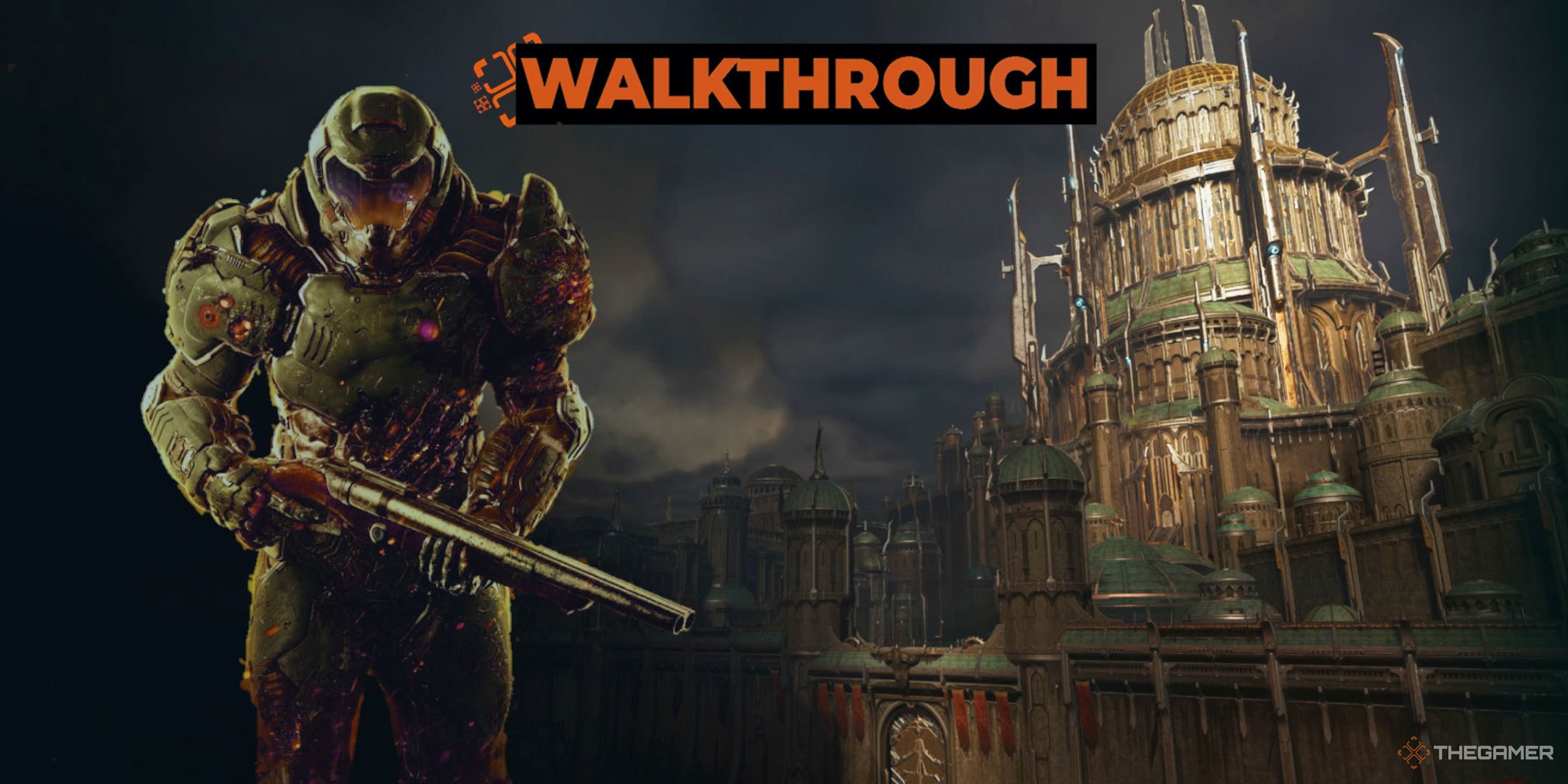 The Slayer standing in front of the castle in The Siege Part 1 stage of Doom The Dark Ages.