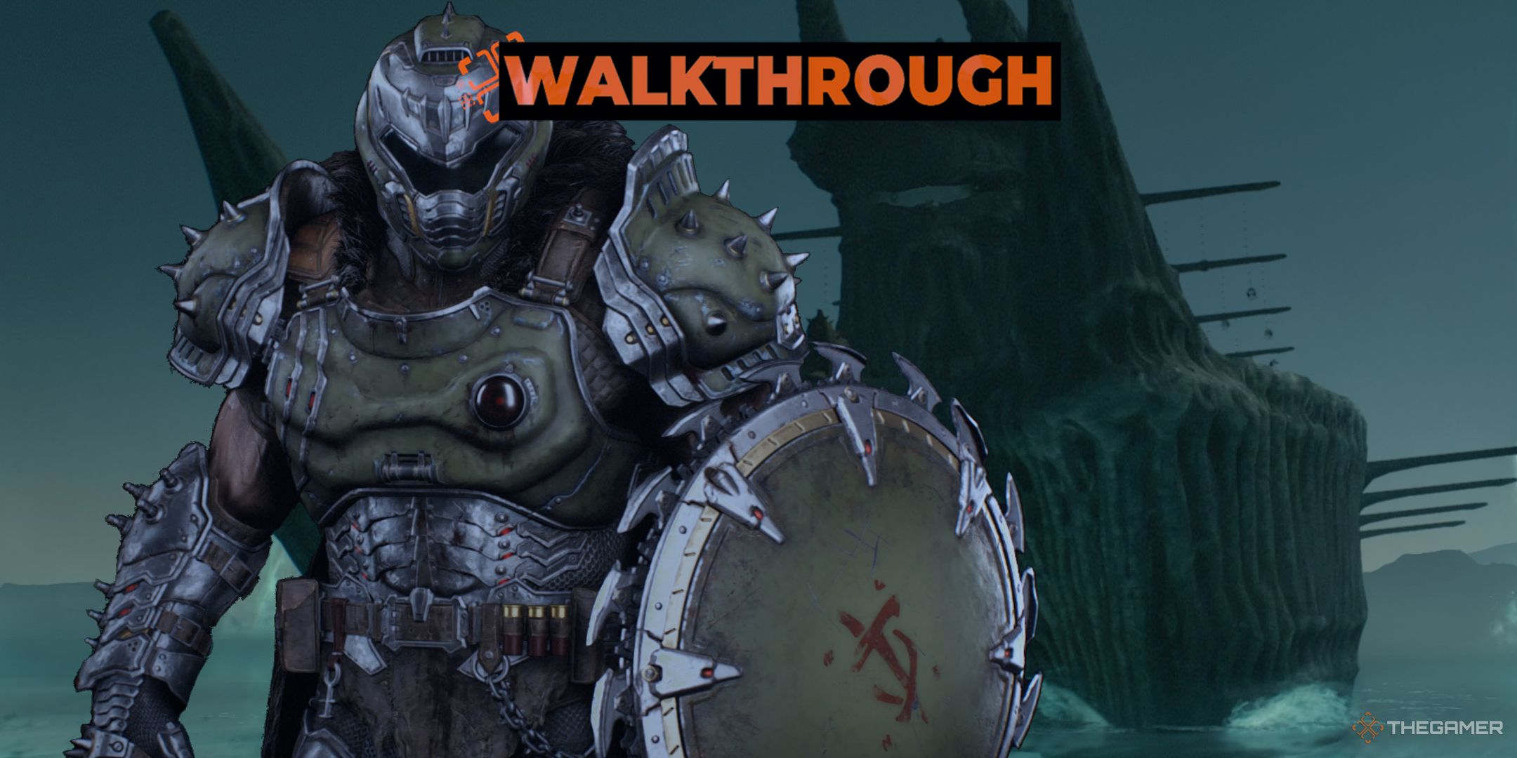 The Slayer standing in front of the Harbor of Souls ship in Doom The Dark Ages.