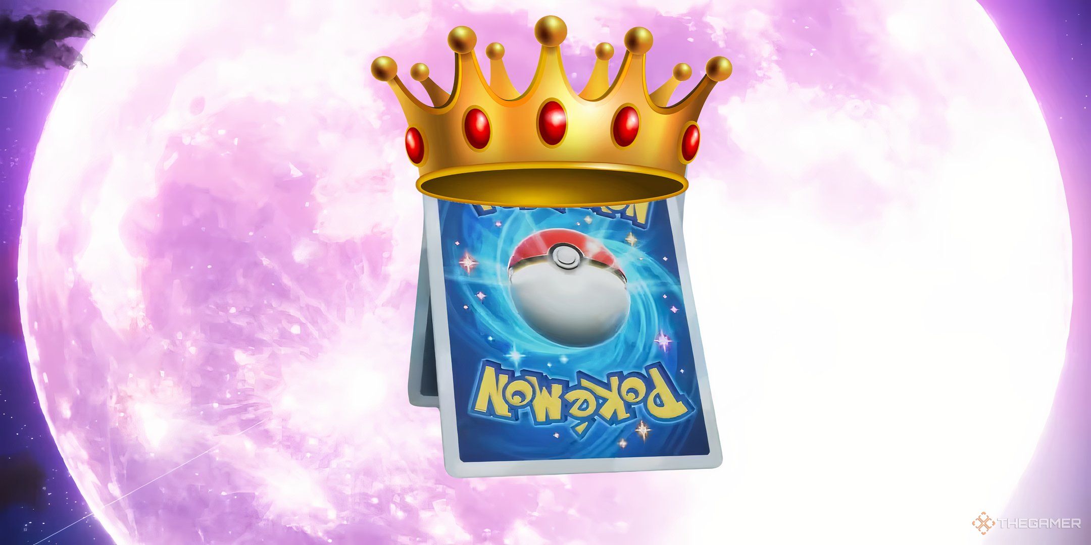 two pokemon cards in front of lunala's pink moon with a crown on.