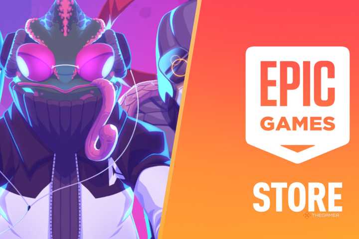 super space club alien next to the epic games store logo on an orange background.