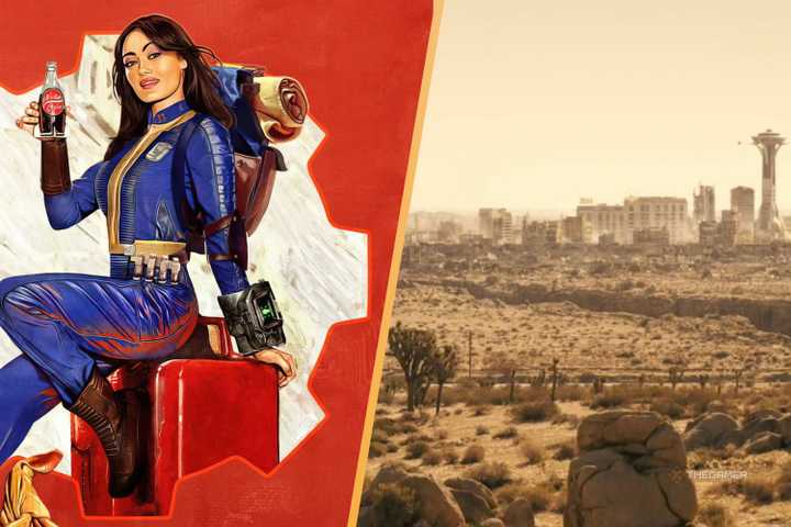 lucy in a fallout nuka cola ad, and a the new vegas skyline in the fallout show.