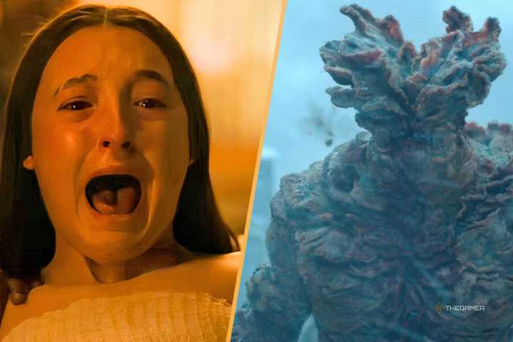 ellie screaming and a bloater from the last of us show.