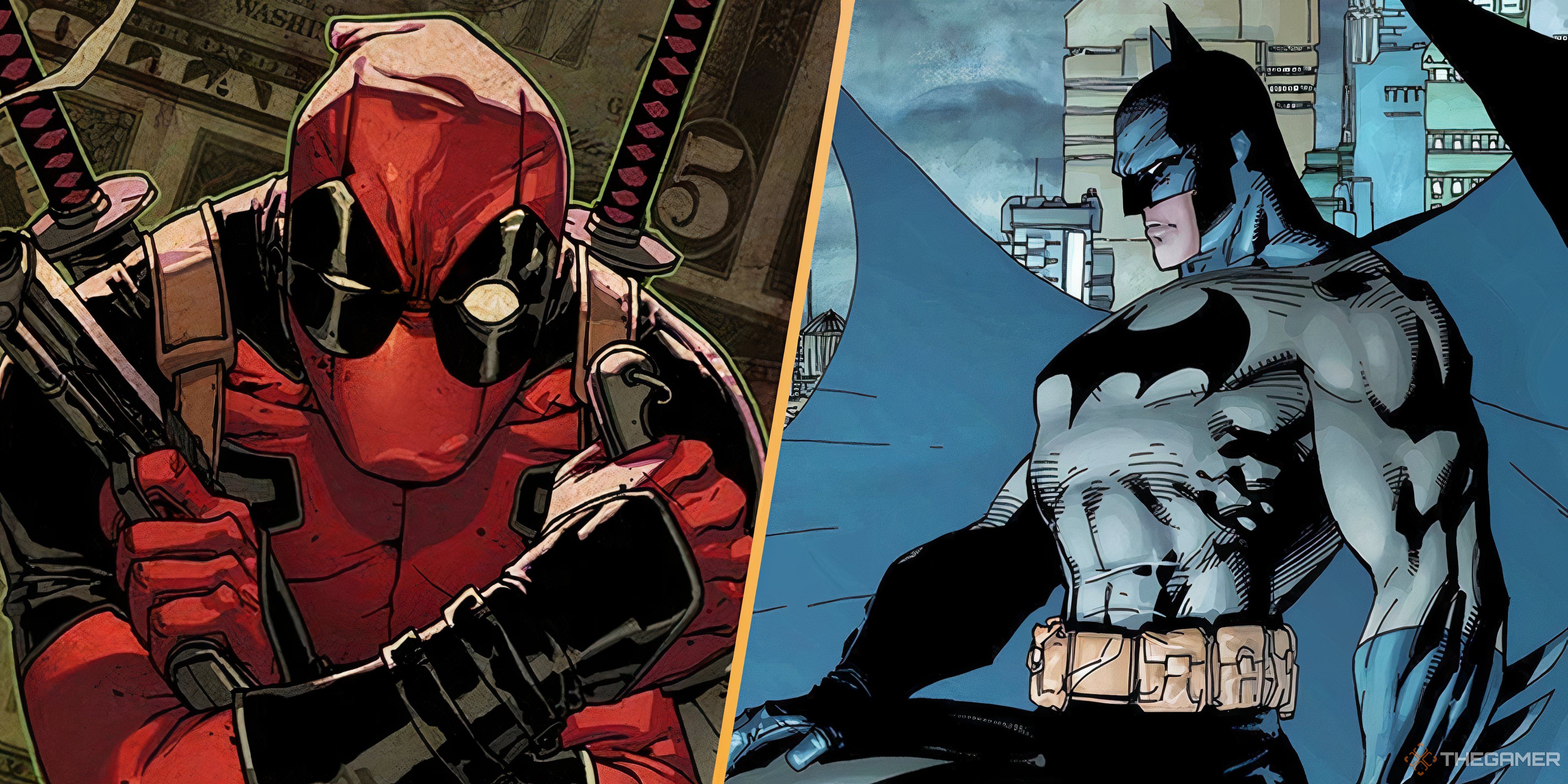 deadpool and batman's marvel and dc comic book looks.
