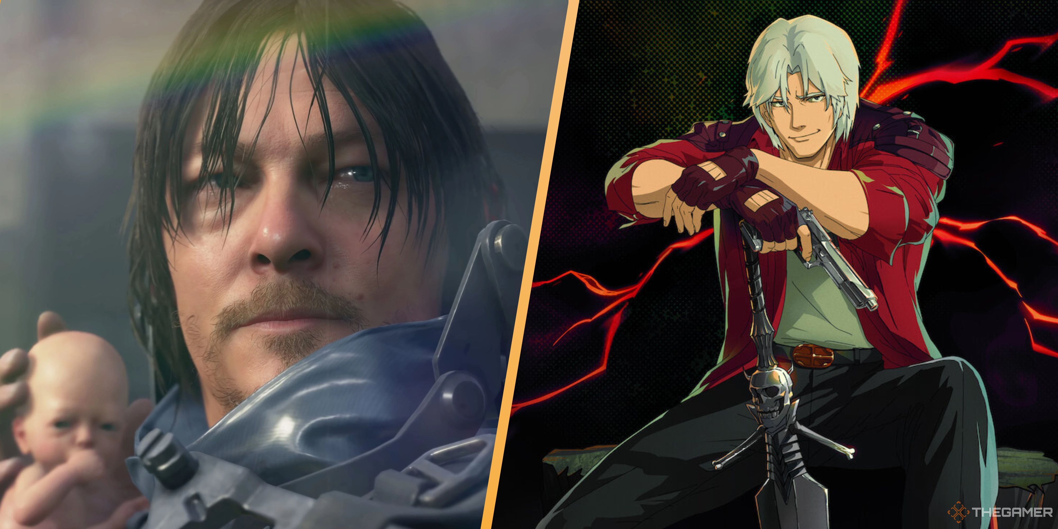 sam from death stranding looking at devil may cry anime.