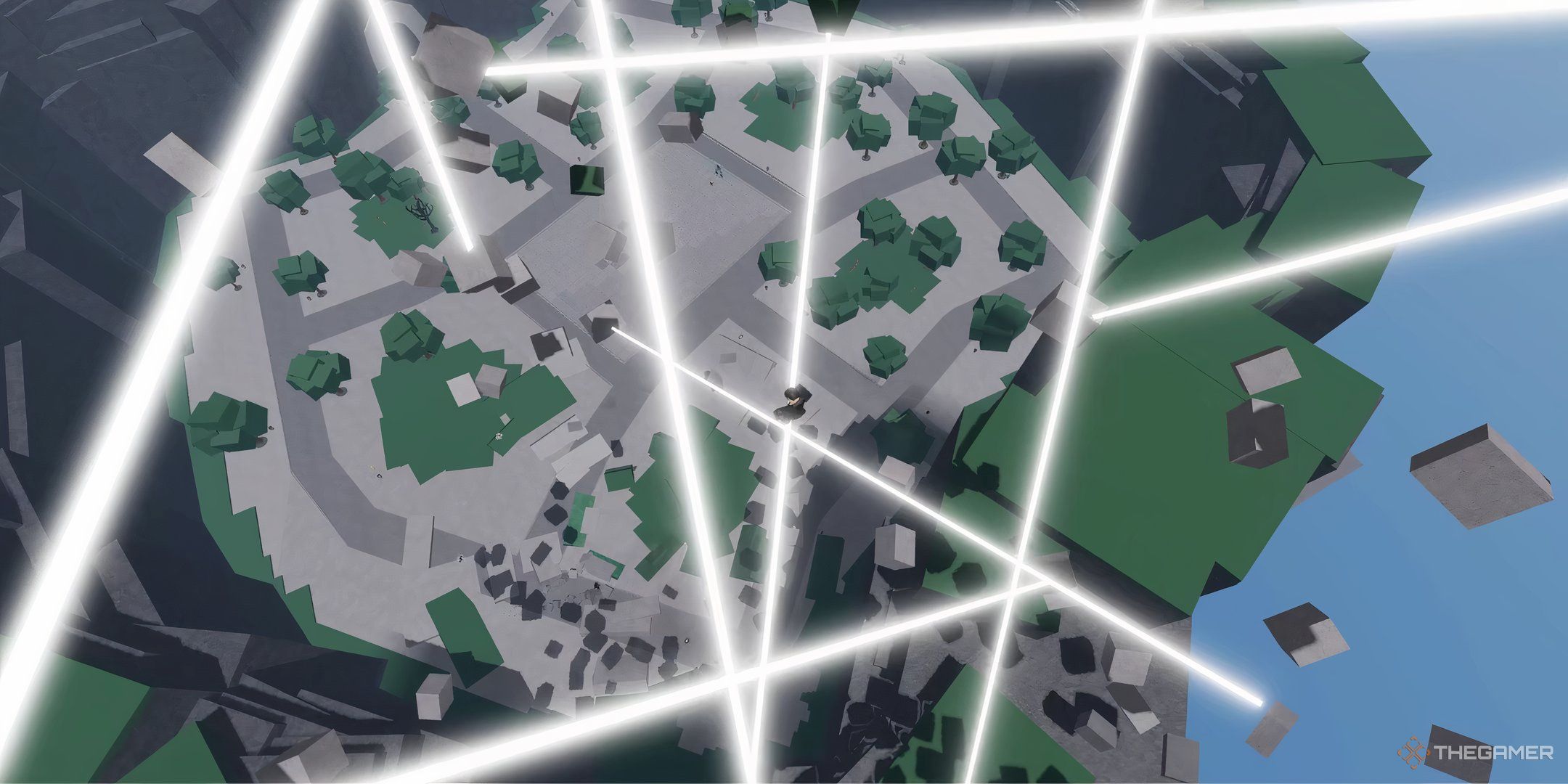 A bunch of white slashes covering the sky in Roblox: The Strongest Battlegrounds.