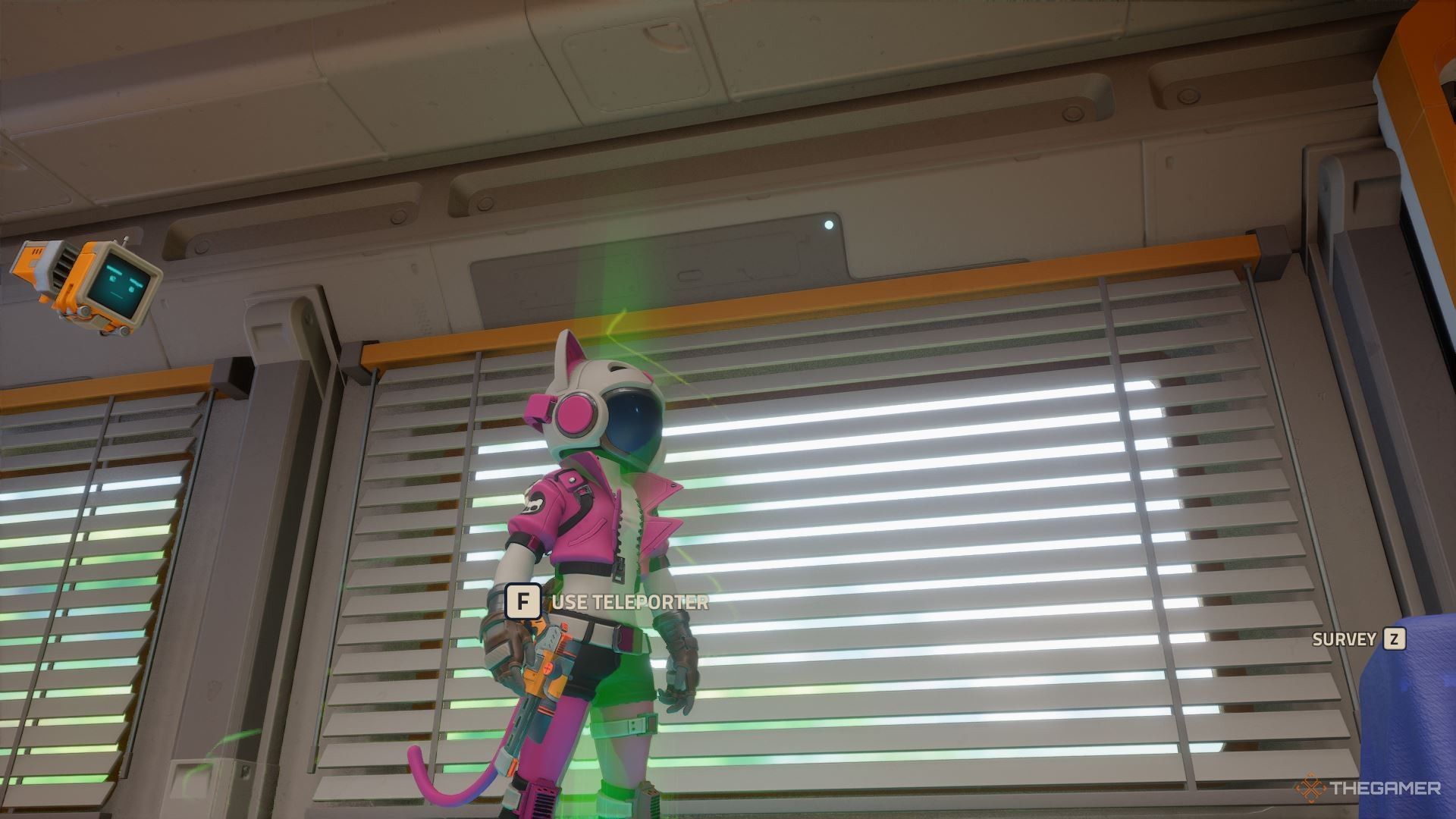 Using a teleporter in the Habitat in Revenge of the Savage Planet.