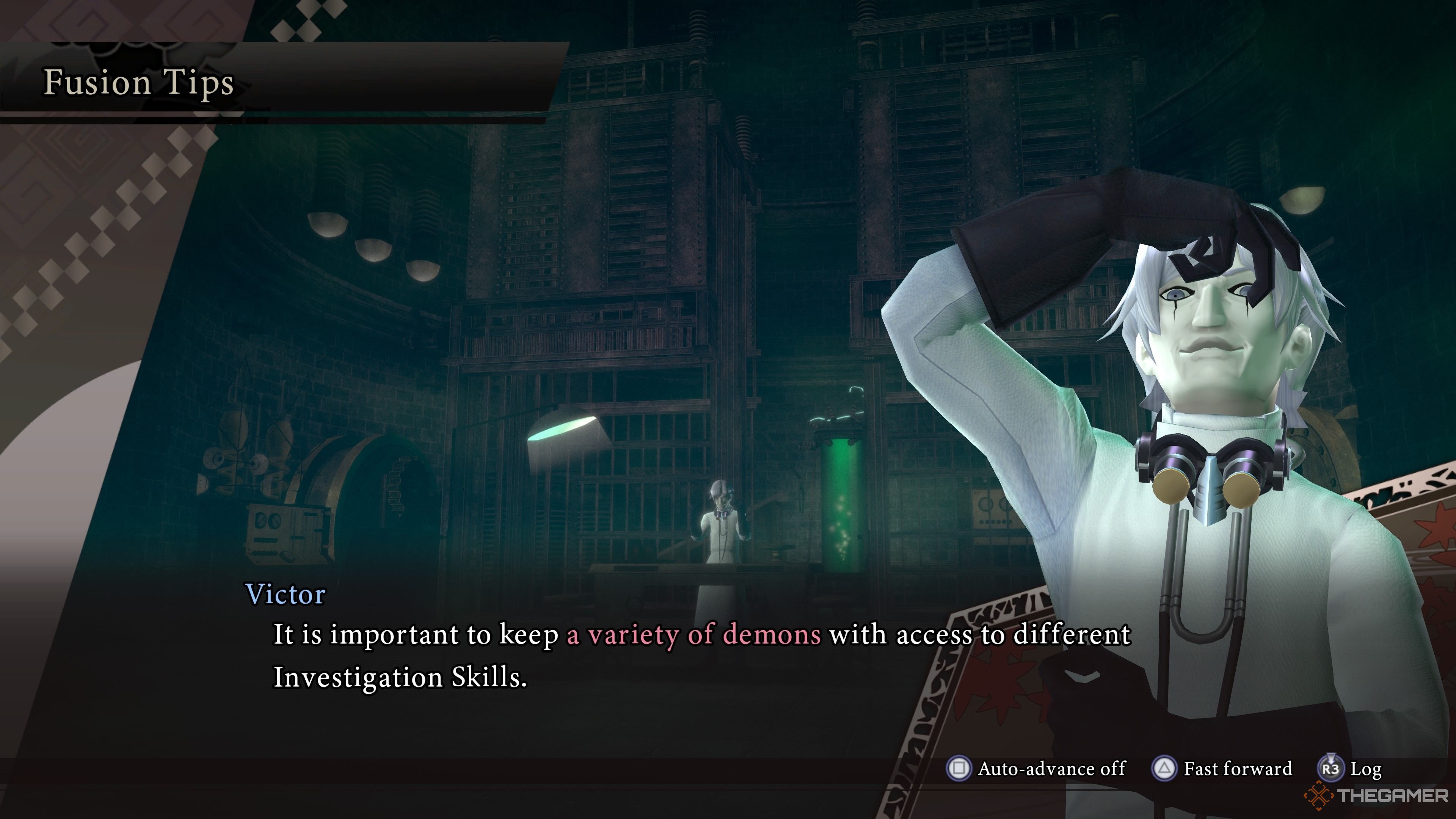 Victor discussing investigation skills in Raidou Remastered The Mystery of the Soulless Army.