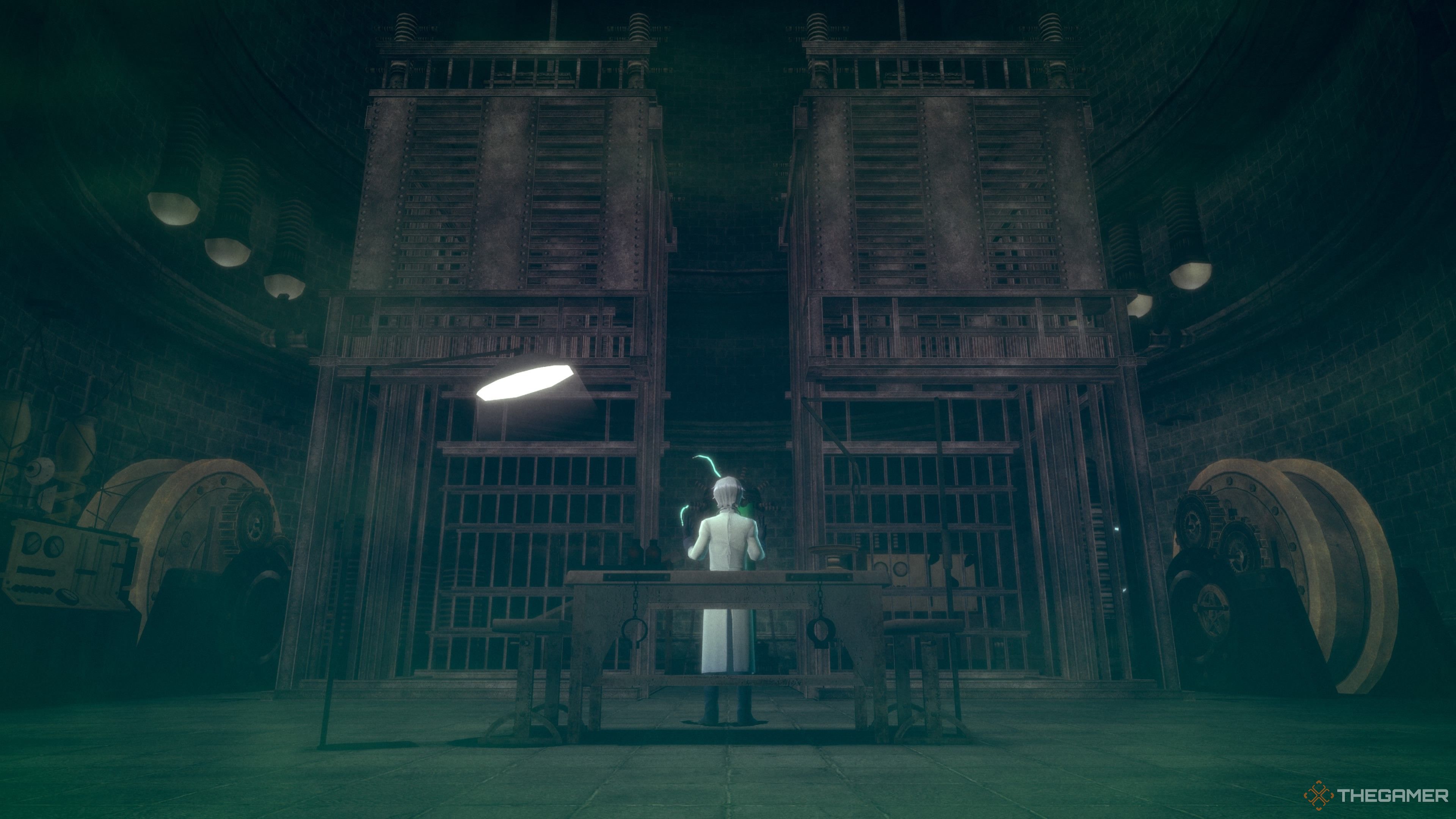 Victor looking at the fusion cages in Raidou Remastered The Mystery of the Soulless Army.