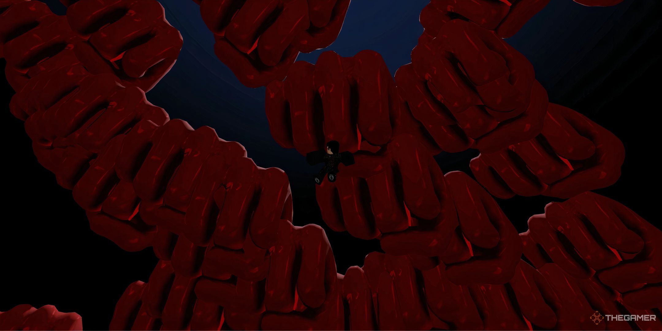 Large, red fists falling from the sky in Roblox: The Strongest Battlegrounds.
