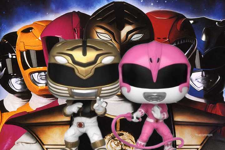 white and pink power rangers funko pops in front of a mighty morphin power rangers the movie poster.