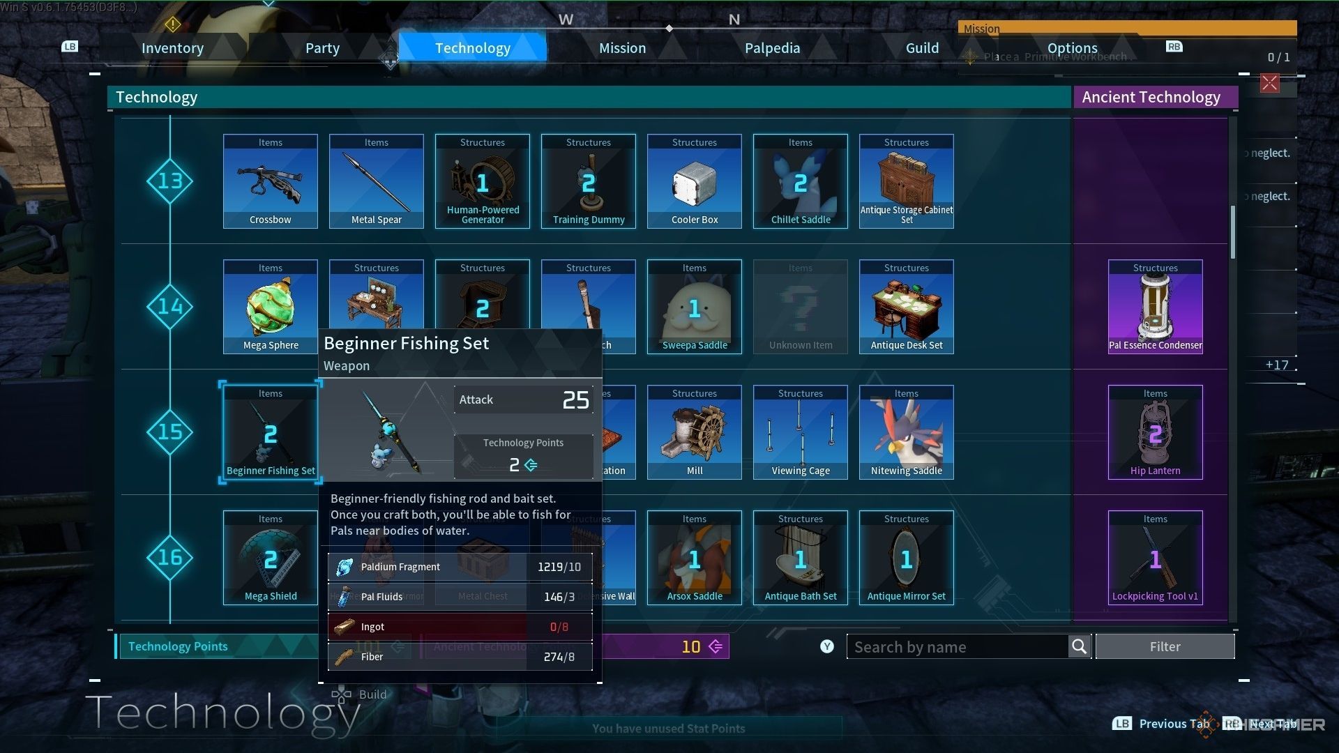 The Beginner Fishing Set in the Technology menu in Palworld.