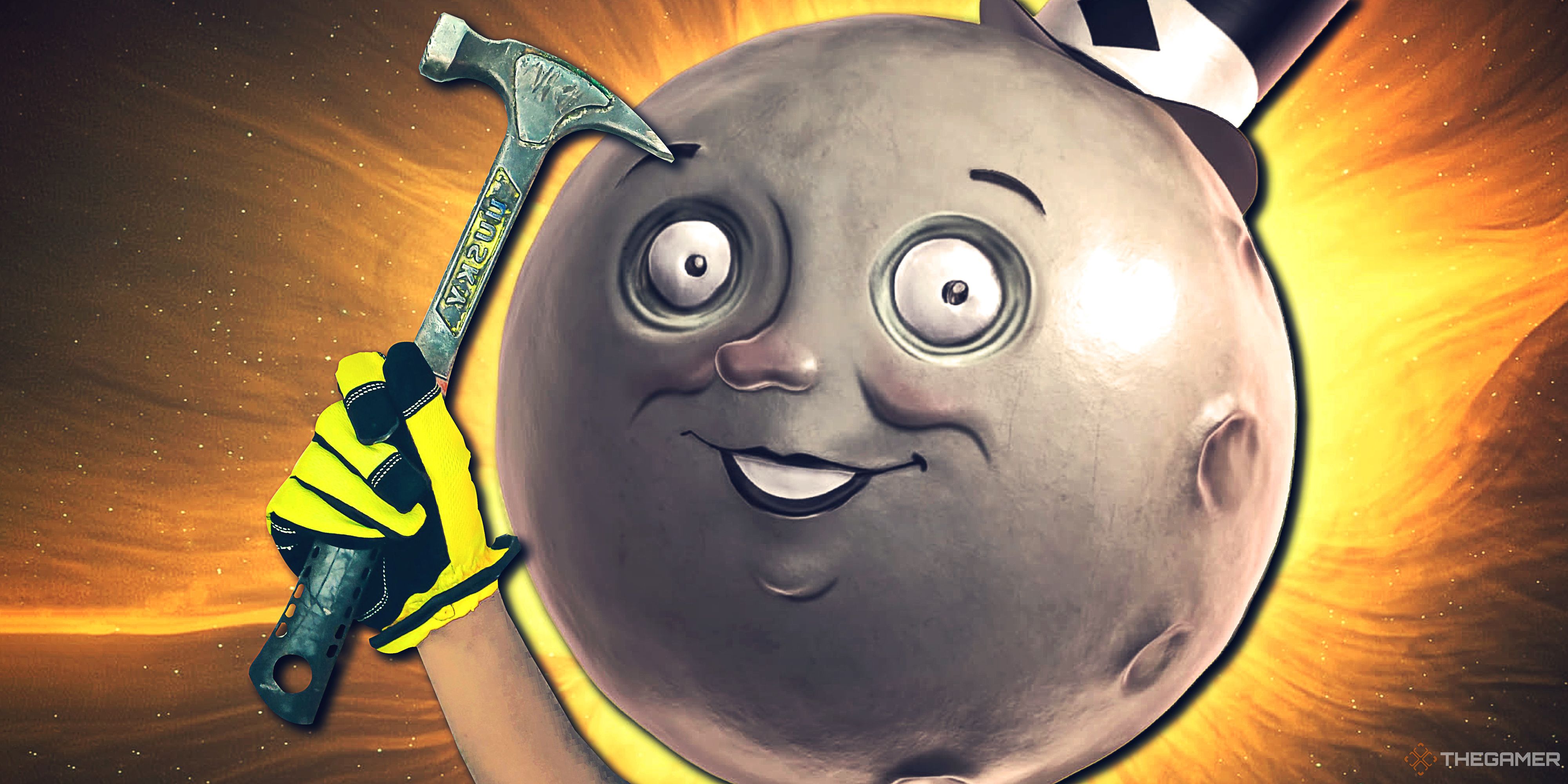 The Moon Man from The Outer Worlds 2 holds a hammer with menacing cheer.