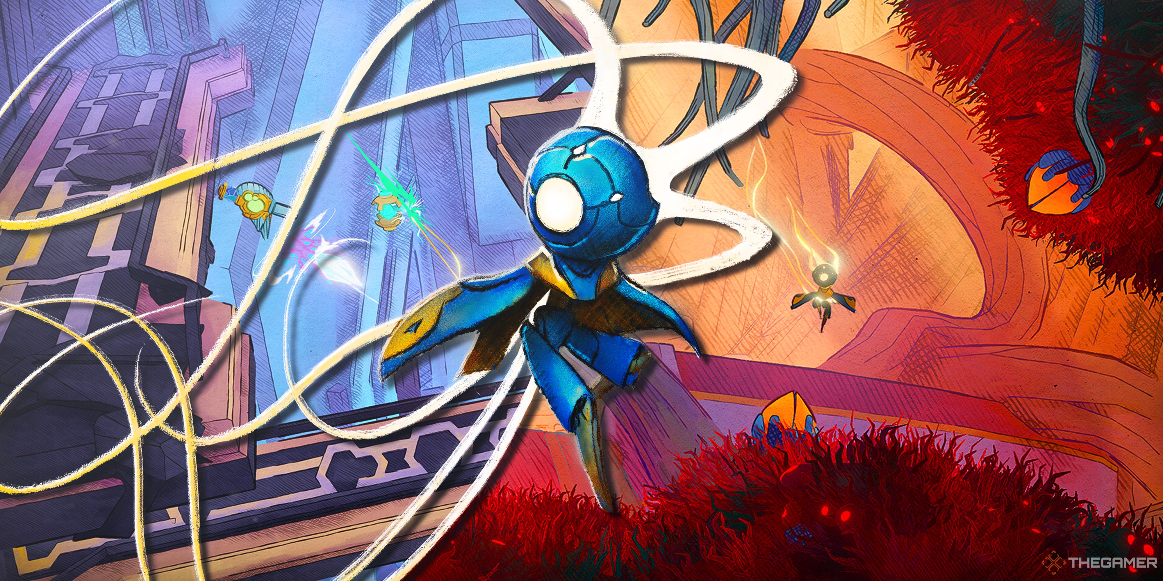MIO's protagonist at the center, with two scenarios in the background.