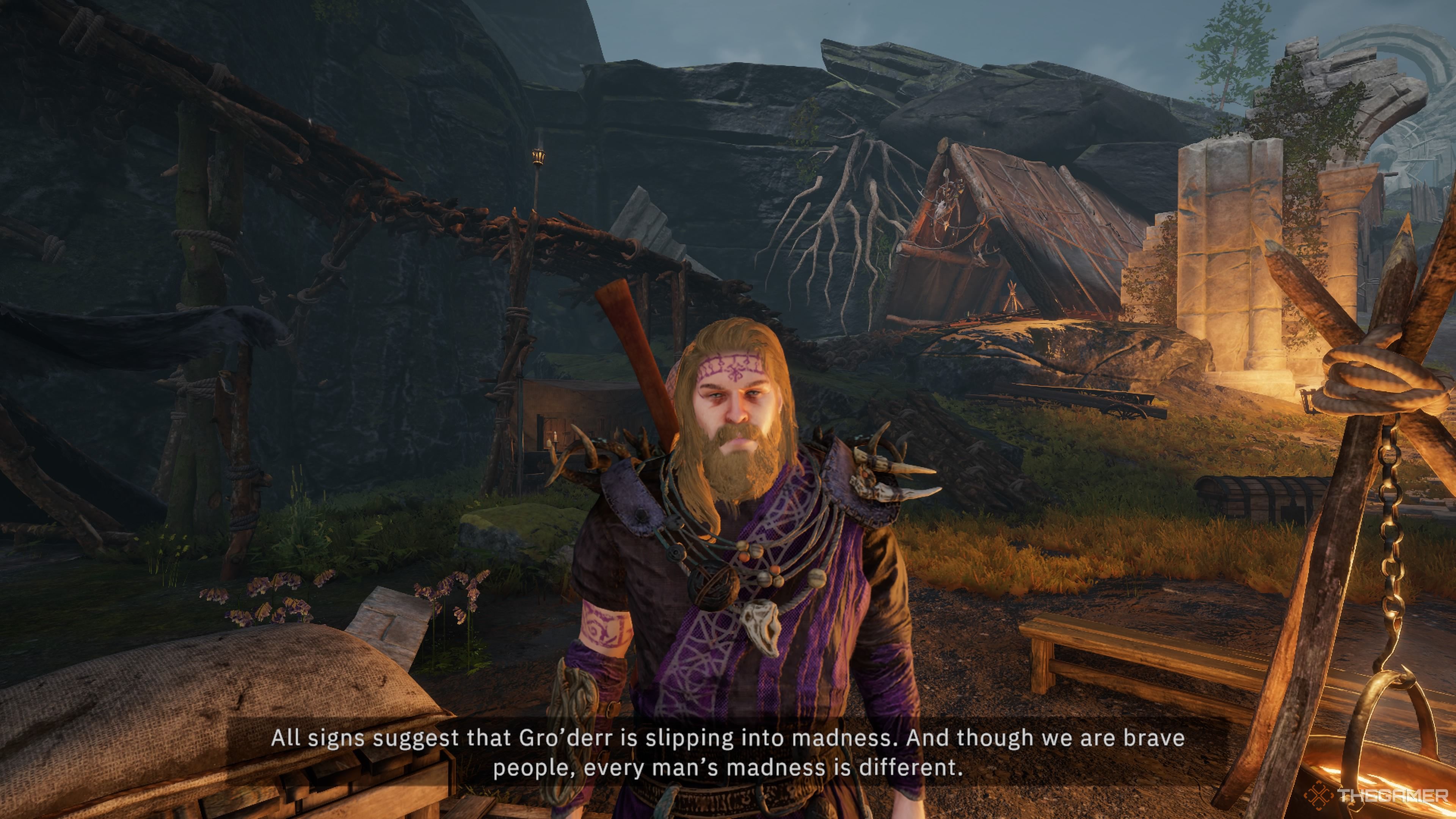 Player character speaking to Therrov, a Dal Riata spiritualist about Gro'derr, a sick man, in Tainted Grail: The Fall Of Avalon.