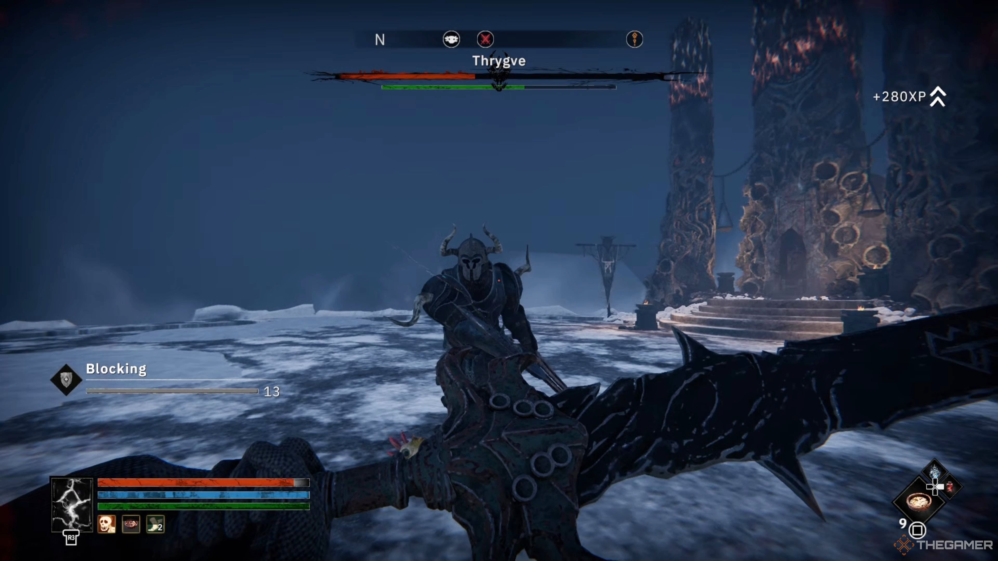 Player character fighting Thrygve and using the Giant's Grudge greatsword to block while the man swings in Tainted Grail: The Fall Of Avalon.
