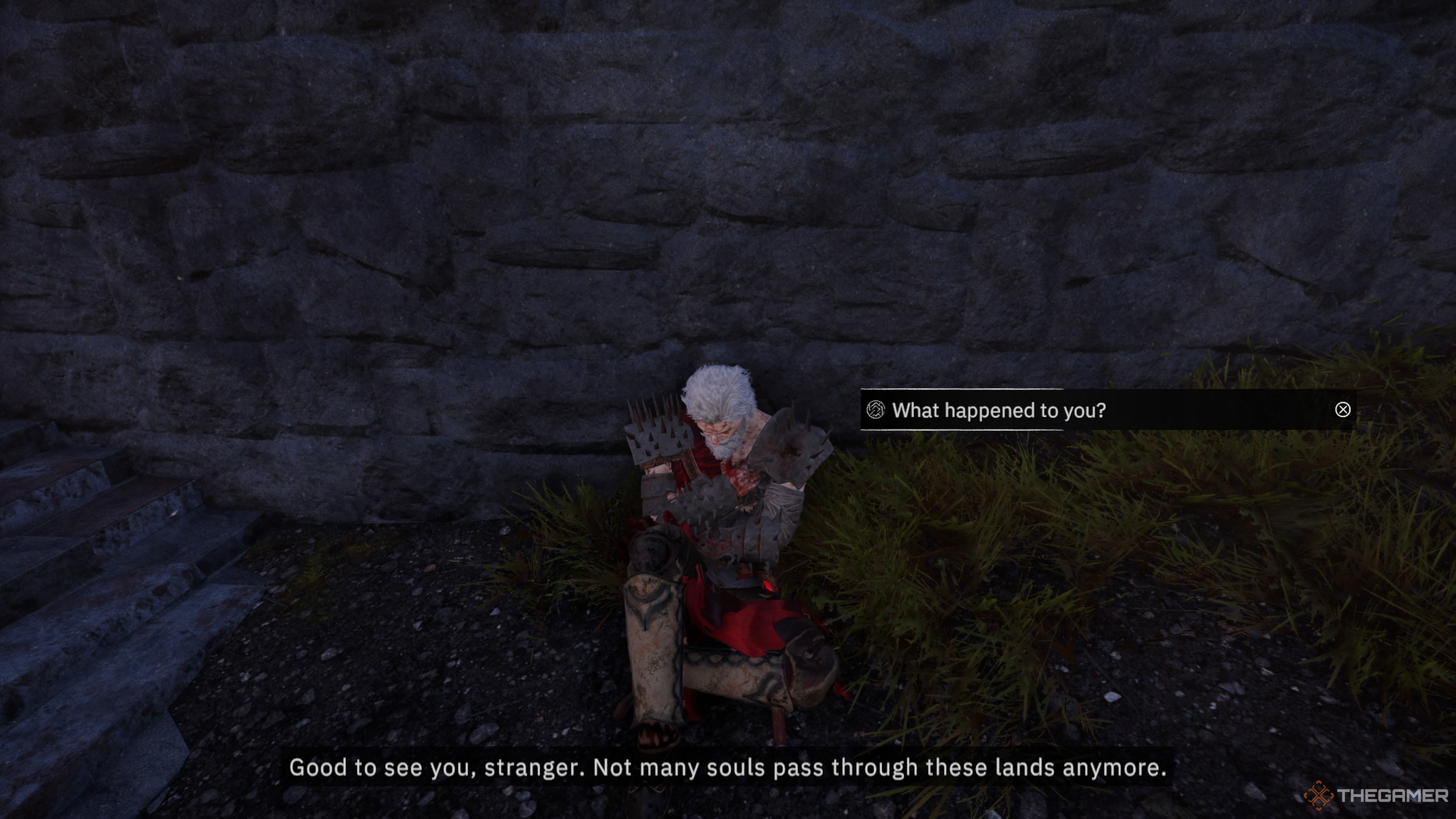 Player character speaking to an injured Dal Riata man, Kedrun, who's sitting against a stone wall in Tainted Grail: The Fall Of Avalon.