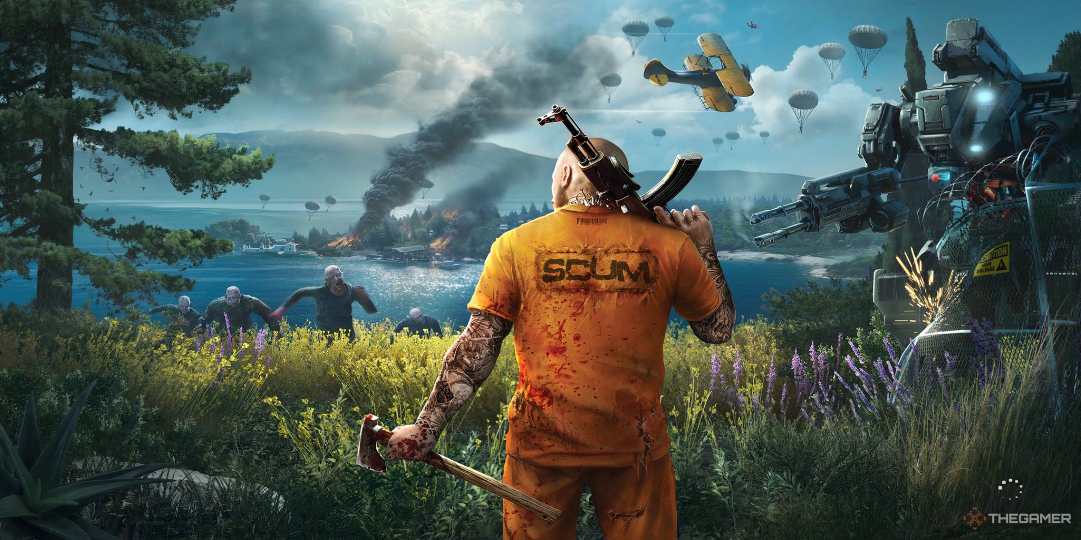 The player character in SCUM holding an AK-47 and an axe, surrounded by enemies.