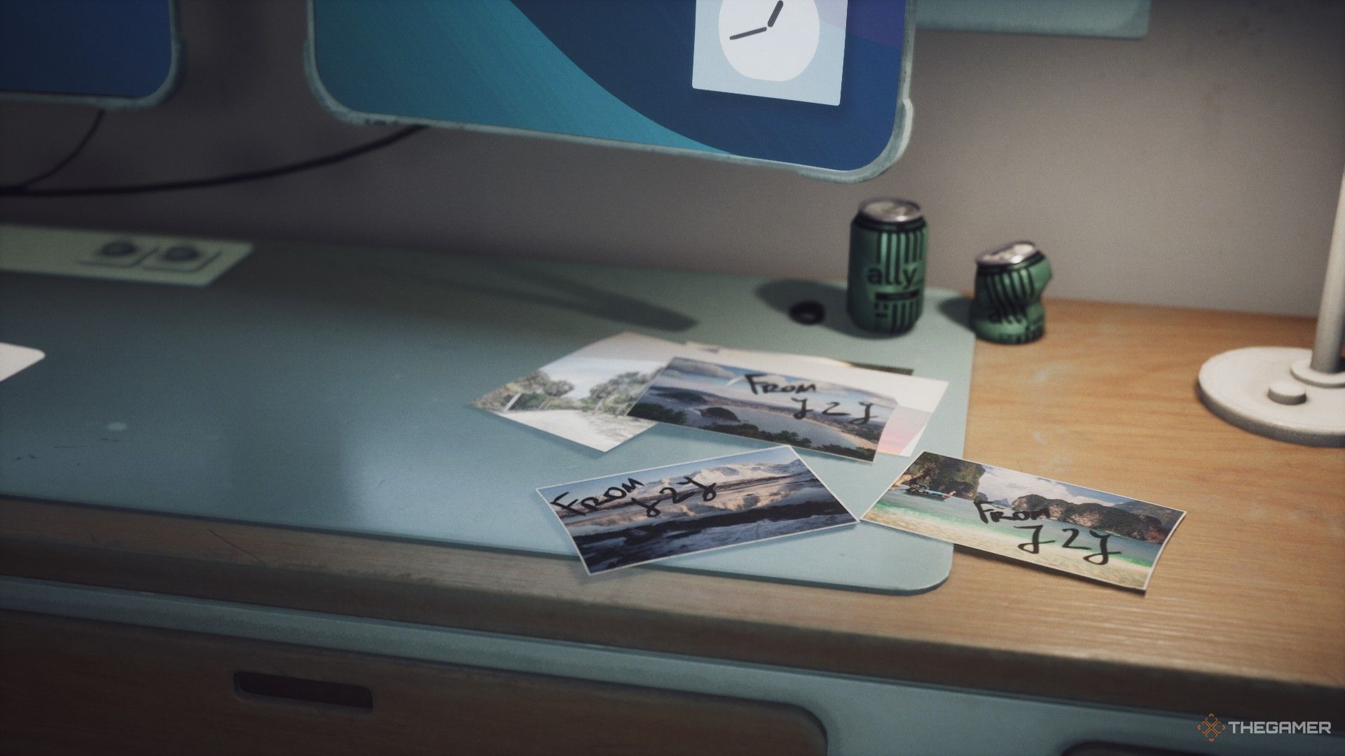 postcards from the escaped crew on jan's desk at the end of the alters.