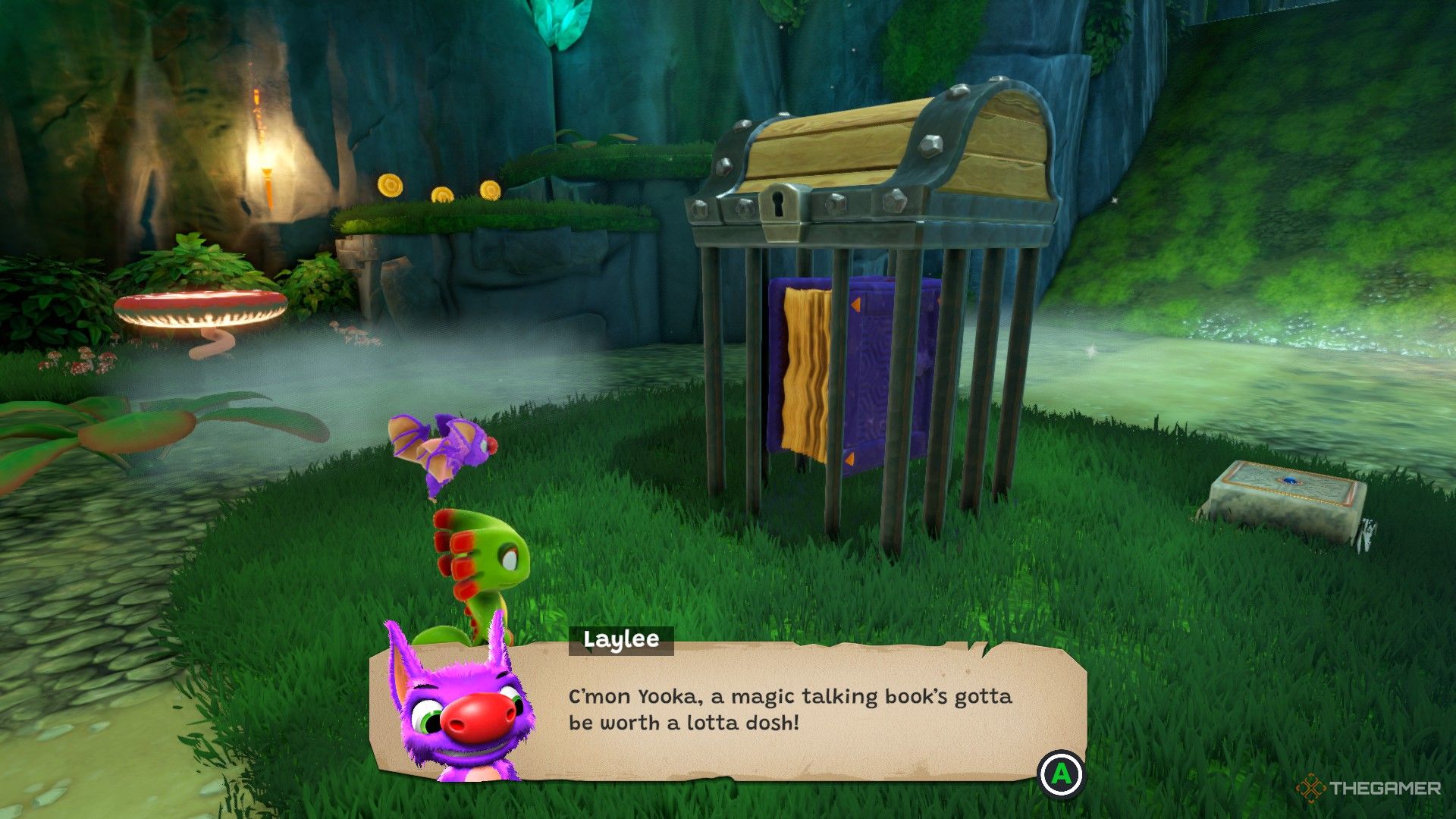 Yooka and Laylee speaking with a book trapped in a chest in Yooka-Replaylee.