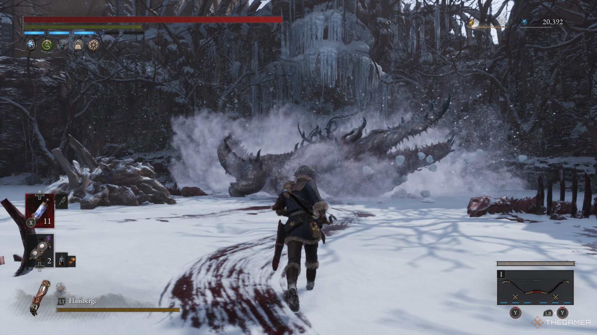 Player runs toward the Tyrannical Predator as he bursts through the ice in Lies of P: Overture.