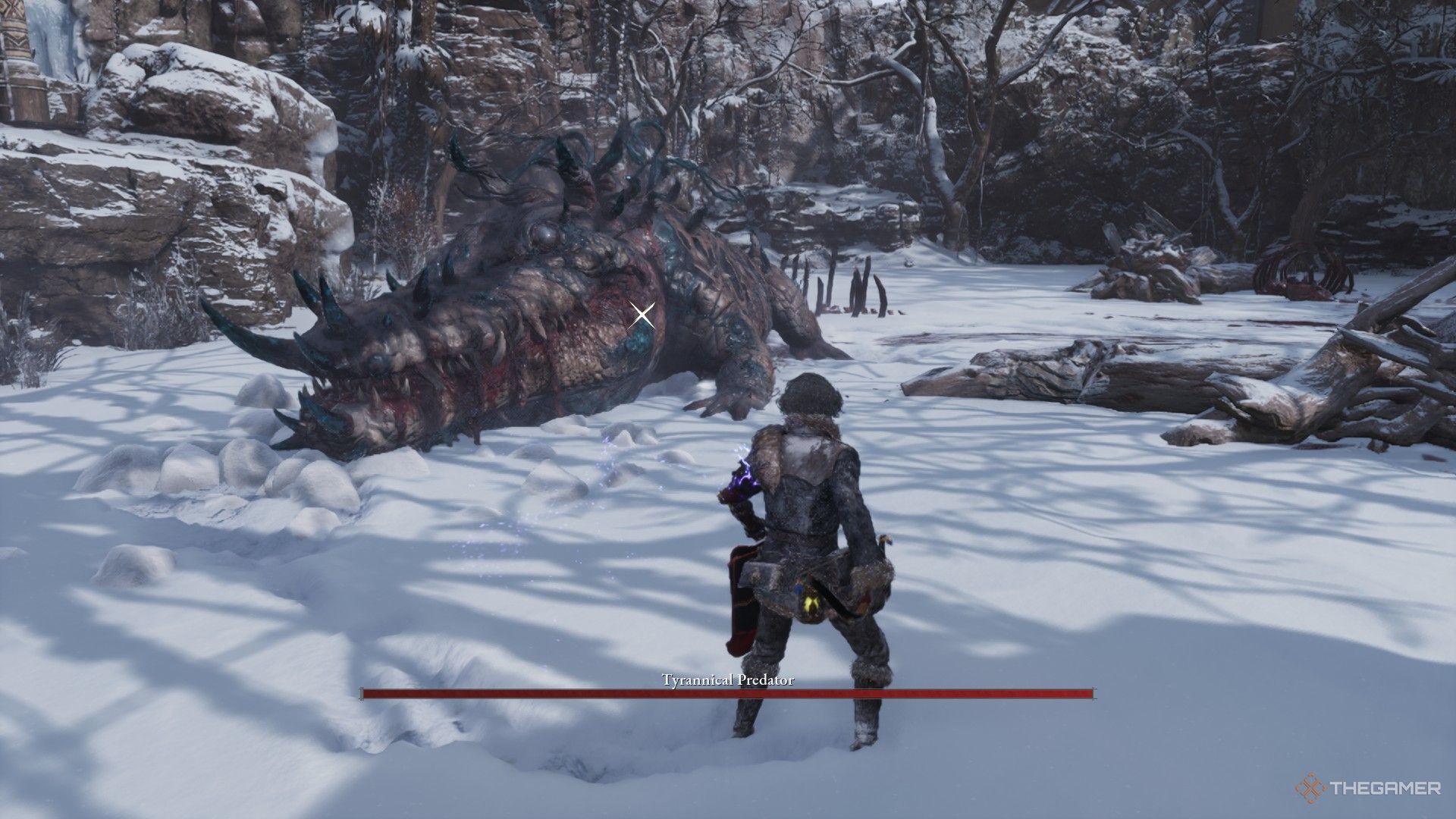 Player looks at the unharmed Tyrannical Predator in a strange moment of calm in Lies of P: Overture.
