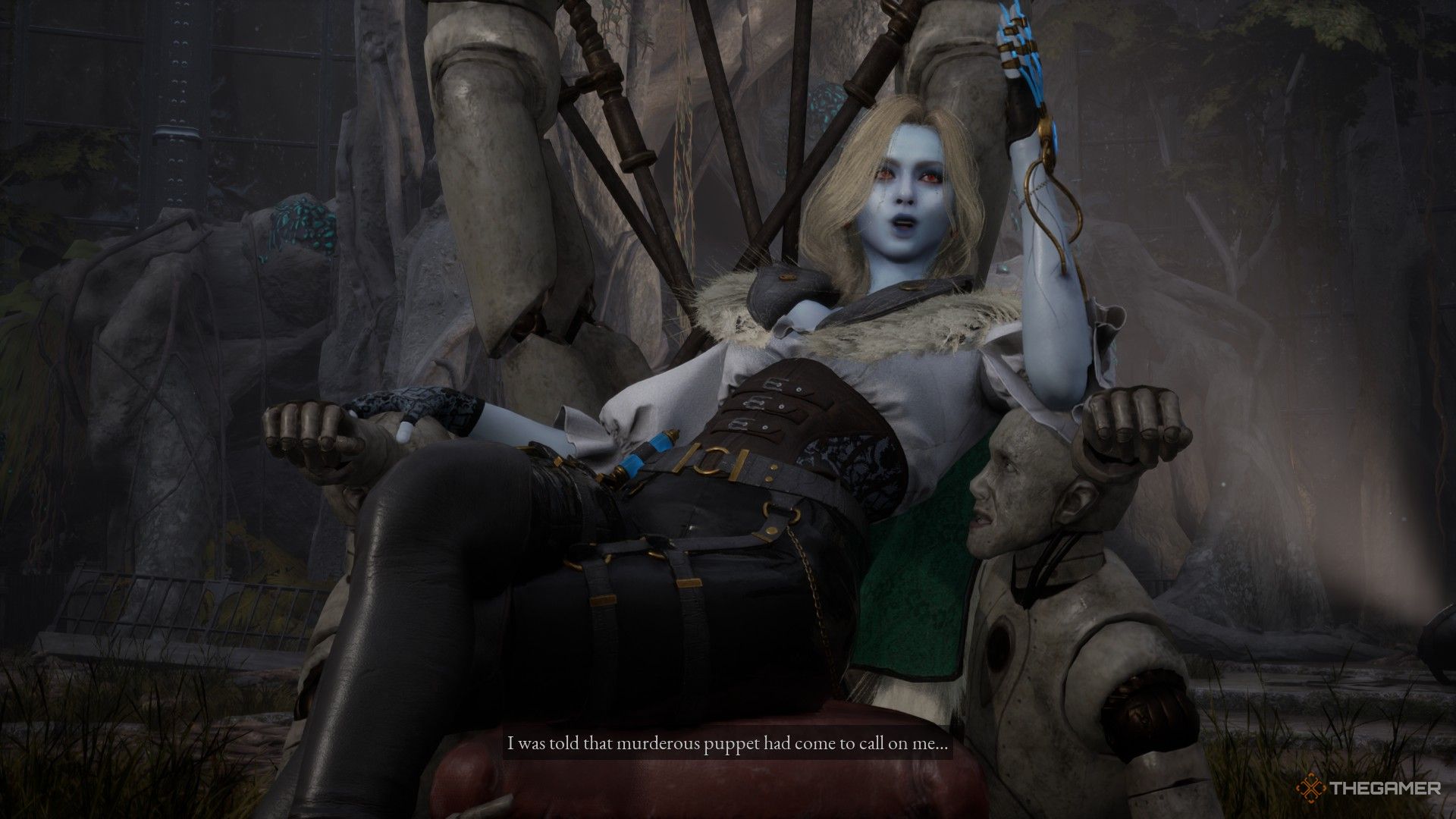 Markiona sits on a throne of dolls during a cutscene in Lies of P: Overture.