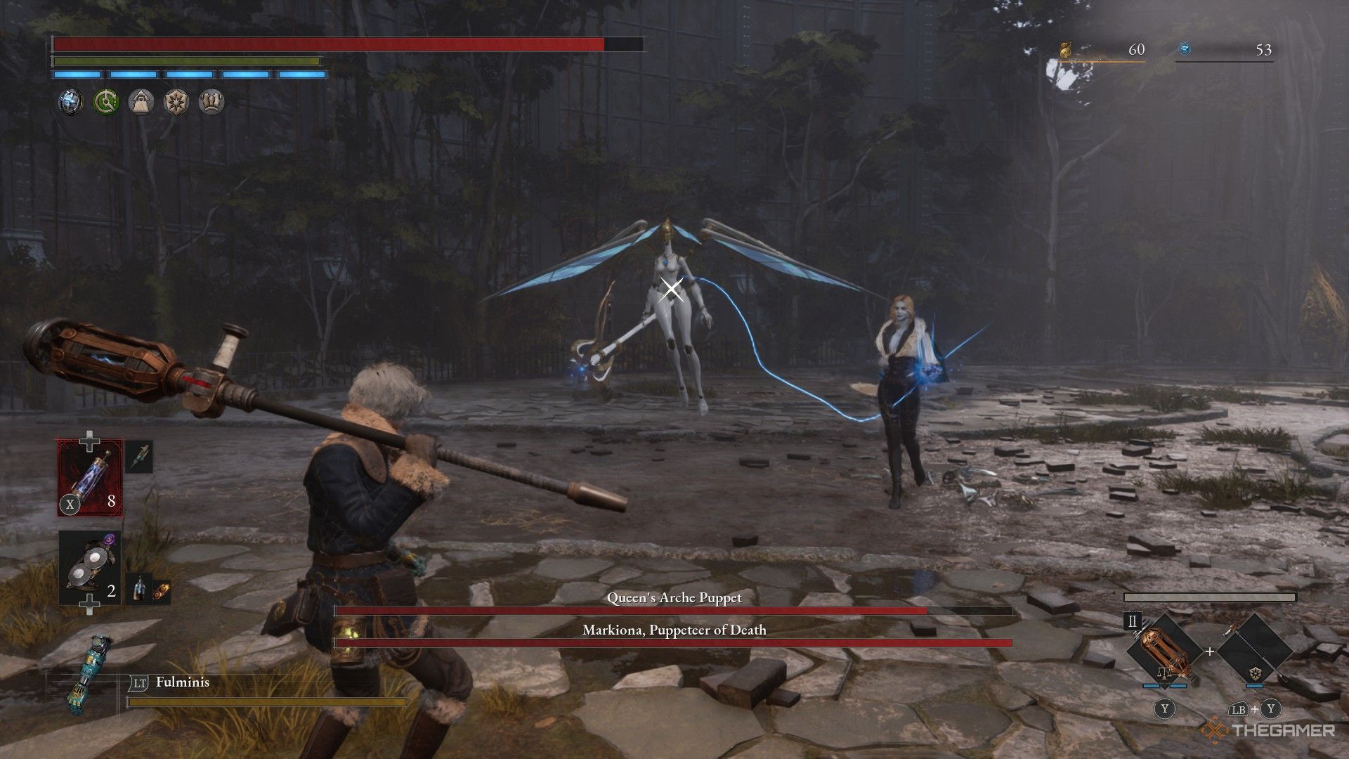P locks on to Markiona's puppet near the beginning of the fight in Lies of P: Overture.