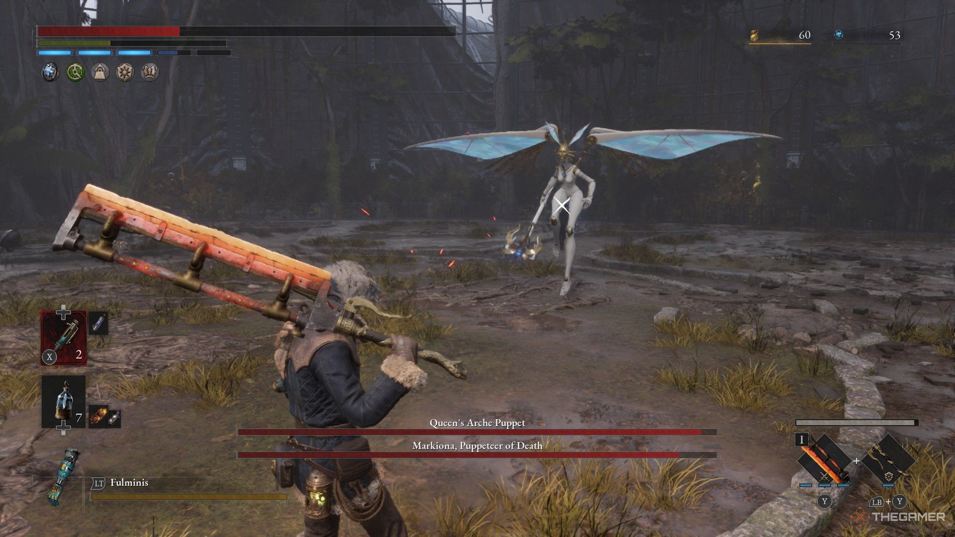 Player prepares to throw a Pulse Cell at Markiona's puppet in Lies of P: Overture.