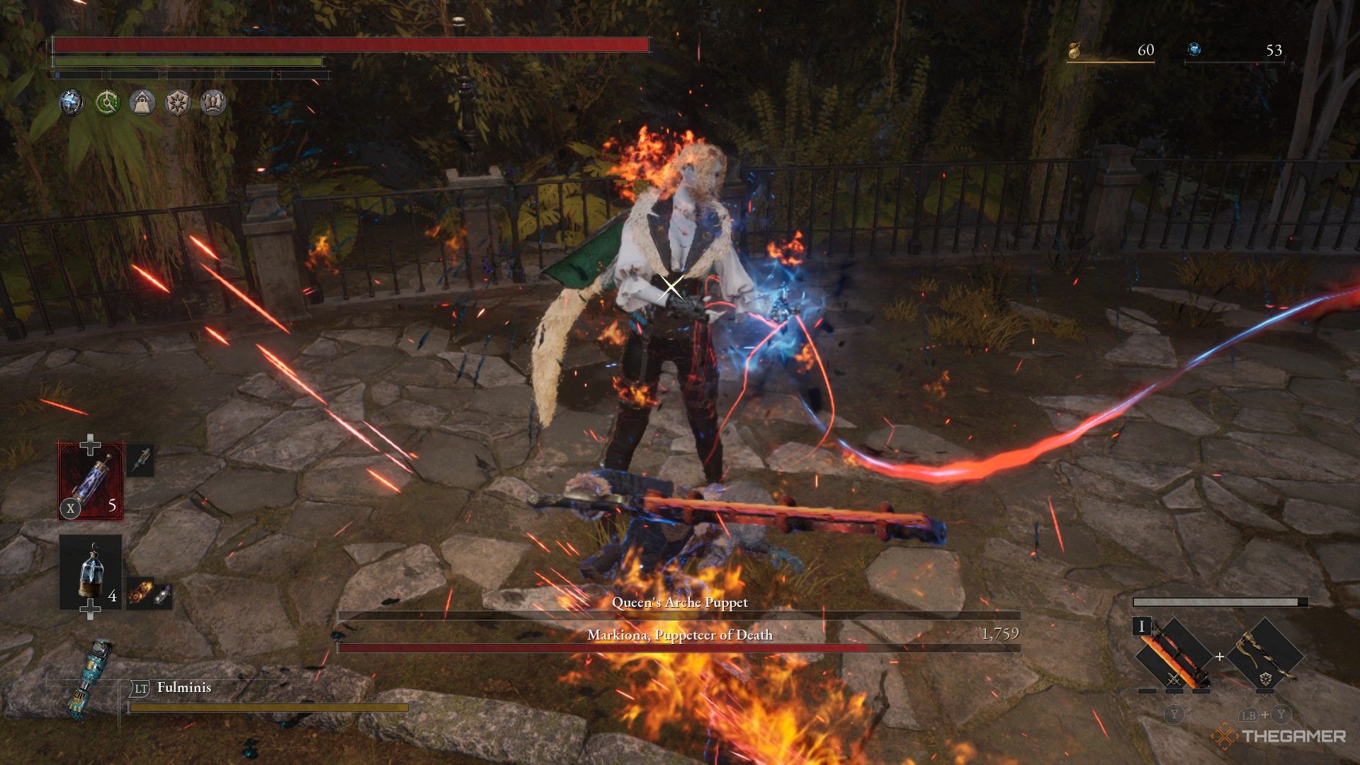 Player performs a Fable Art on Markiona with the Black Steel Cutter in Lies of P: Overture.