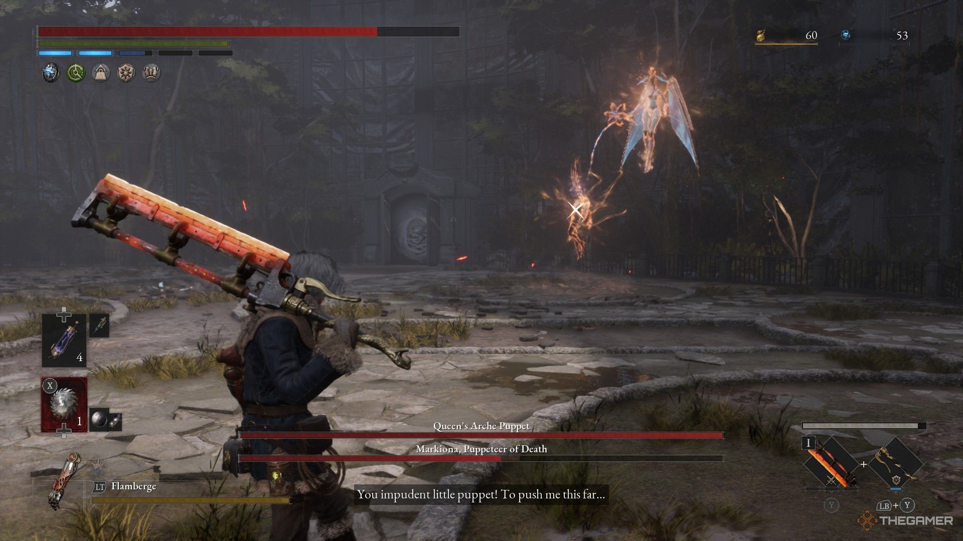 Markiona prepares to use a golden attack during her phase transition in Lies of P: Overture.