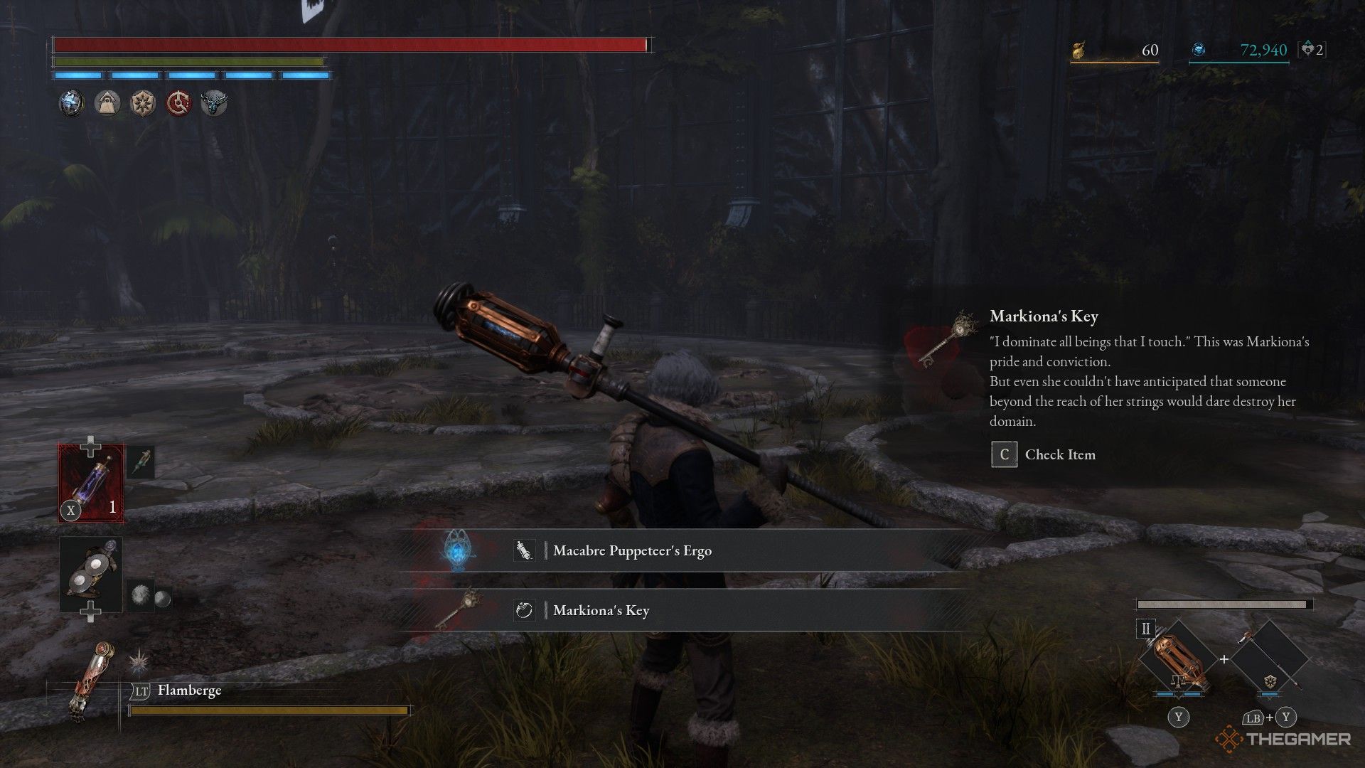 Player collects Markiona's Key and Macabre Puppeteer's Ergo from defeating Markiona in Lies of P: Overture.