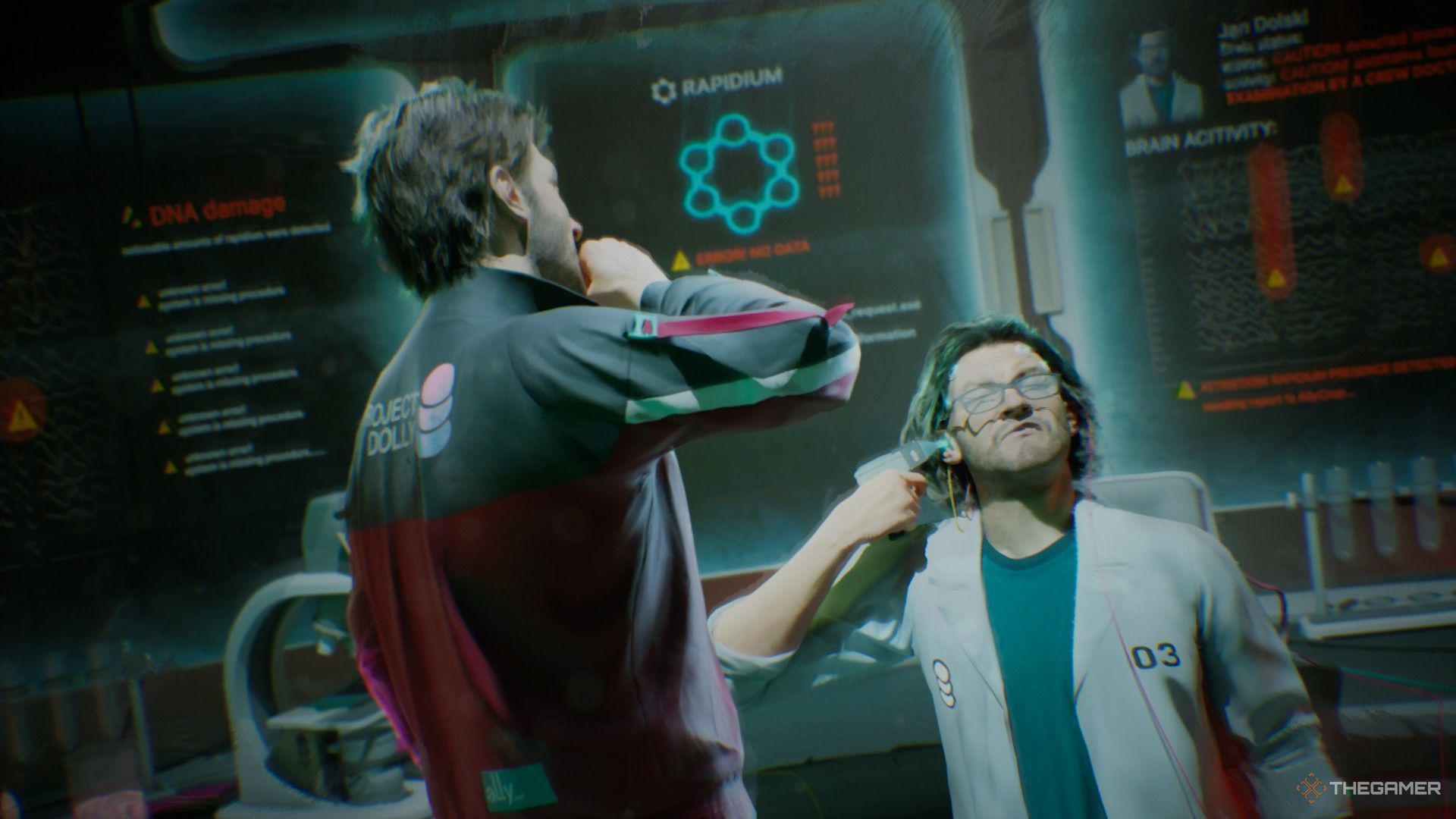 jan watches as the scientist injects himself with a neural implant in the alters.