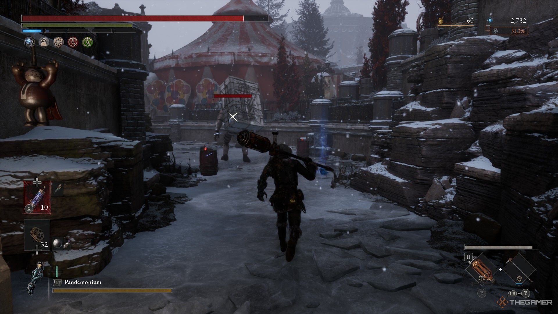 Player rushes down onto the ice to fight the fridge box minibossfor a Carnival Coin in Lies of P: Overture.