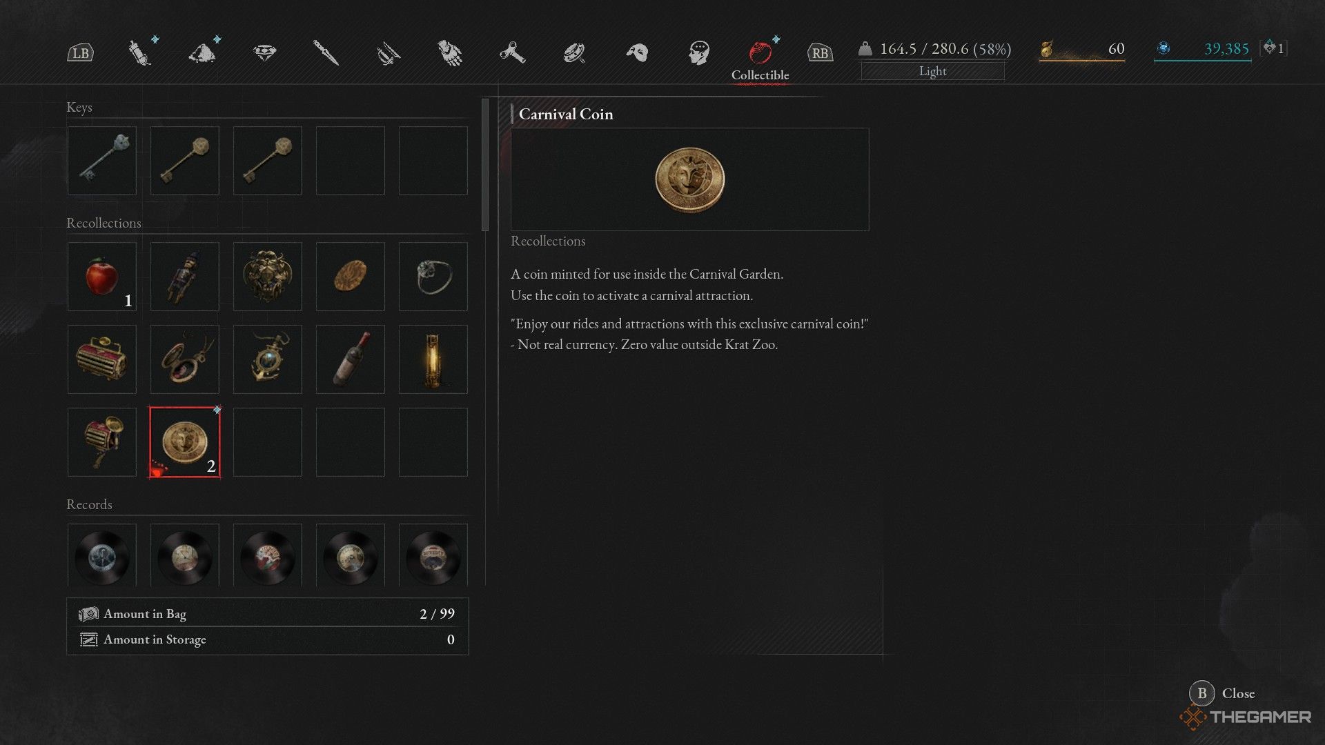 Player inspects the item Carnival Coin in their inventory in Lies of P: Overture.