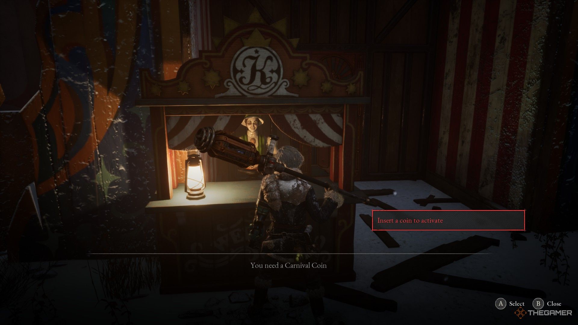 The player gives a booth attendant a Carnival Coin to start a minigame in Lies of P: Overture.