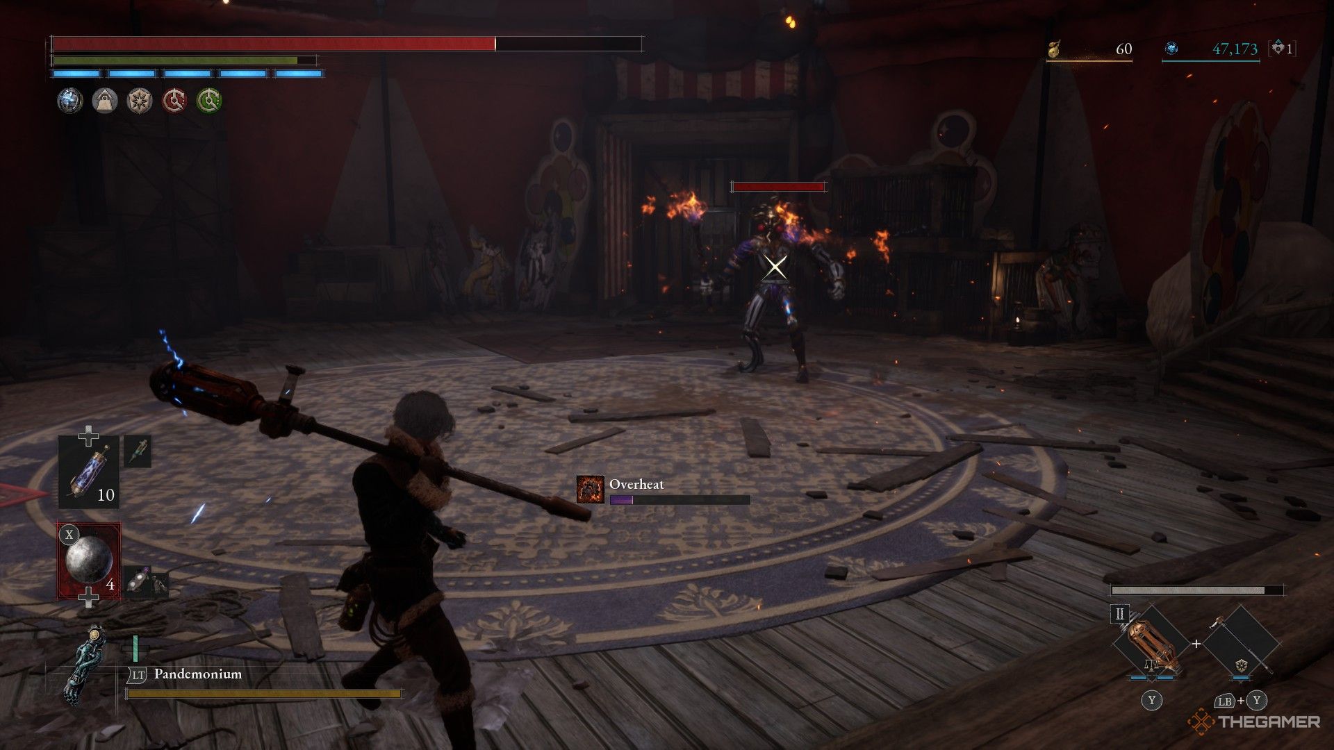 Carnival Joker Miniboss fights the player with fiery batons in Lies of P: Overture.