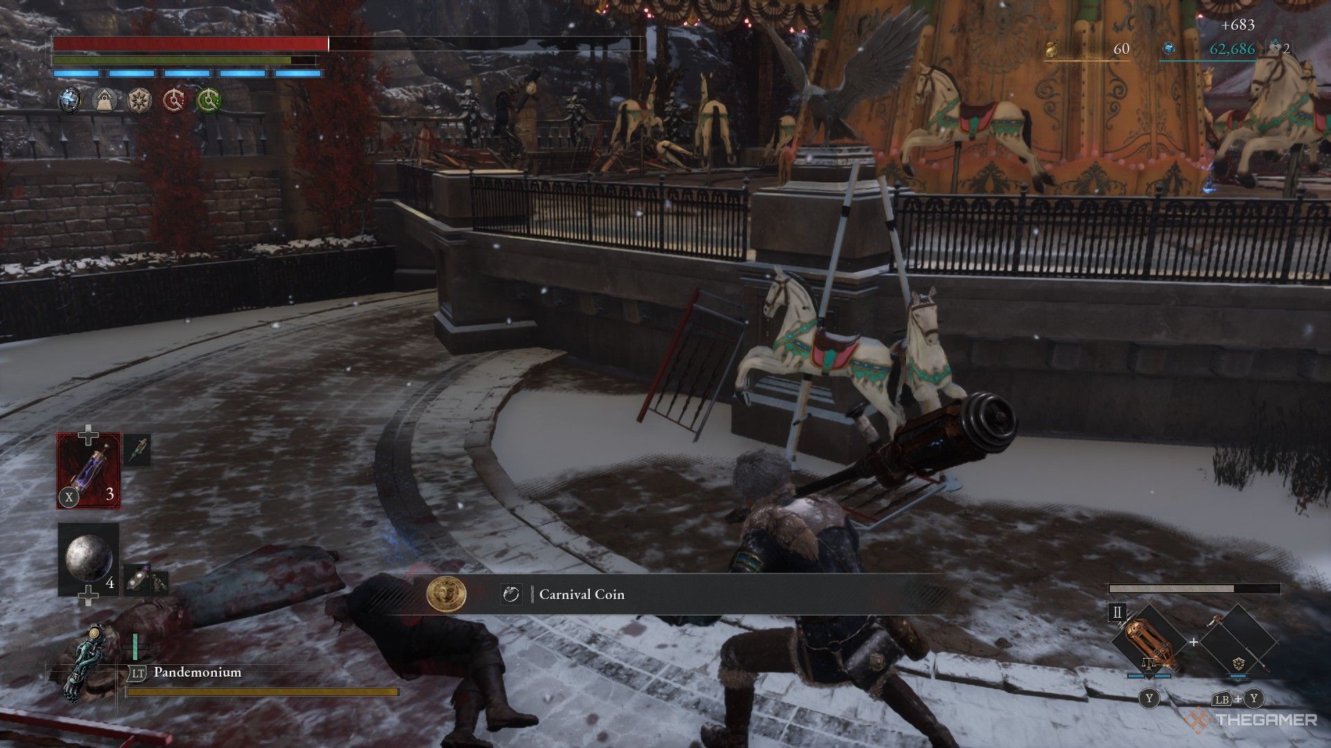 Player picks up a Carnival Coin next to the carousel in Lies of P: Overture.