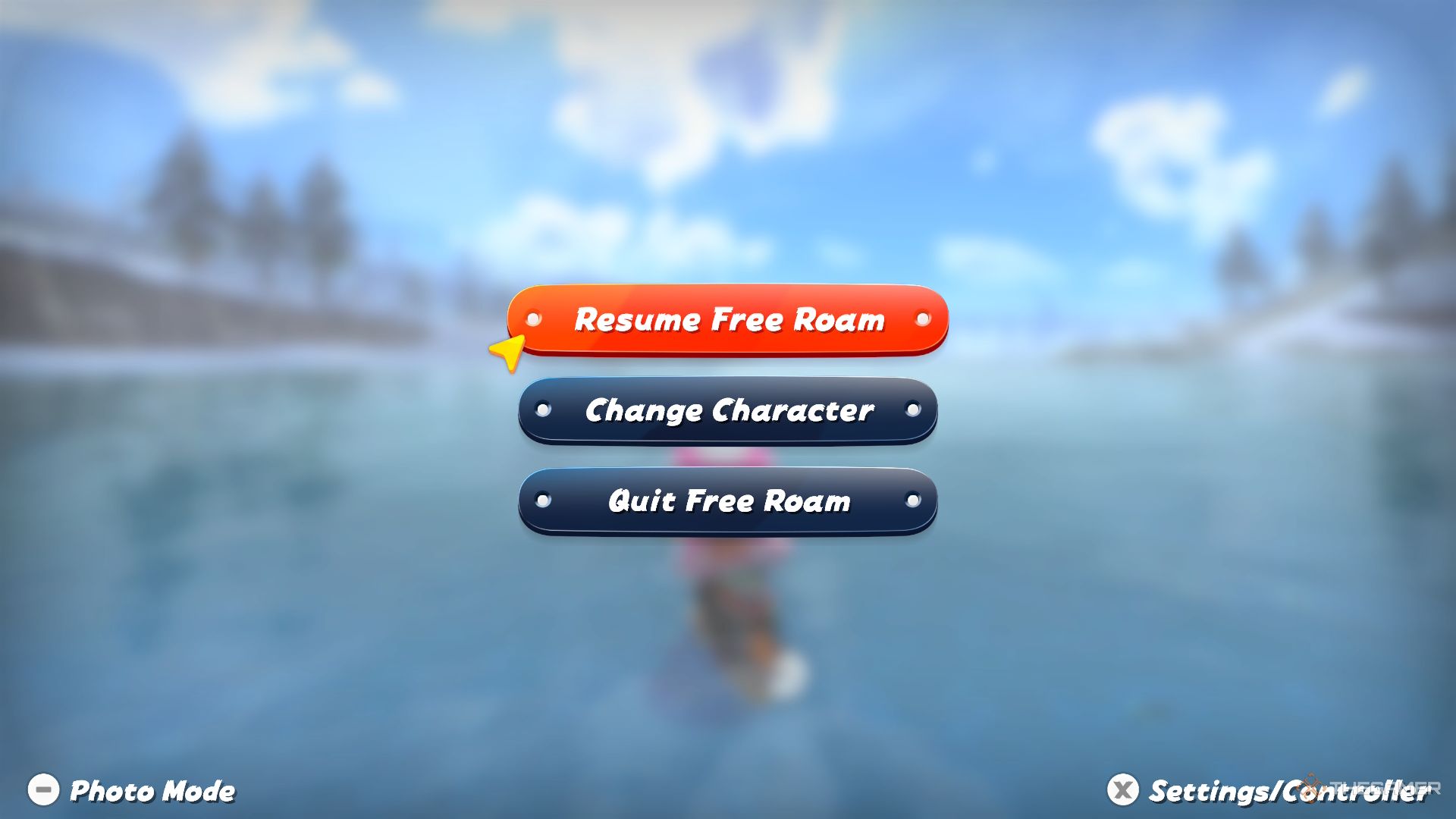 The free roam pause menu showing the photo mode option in mario kart world.