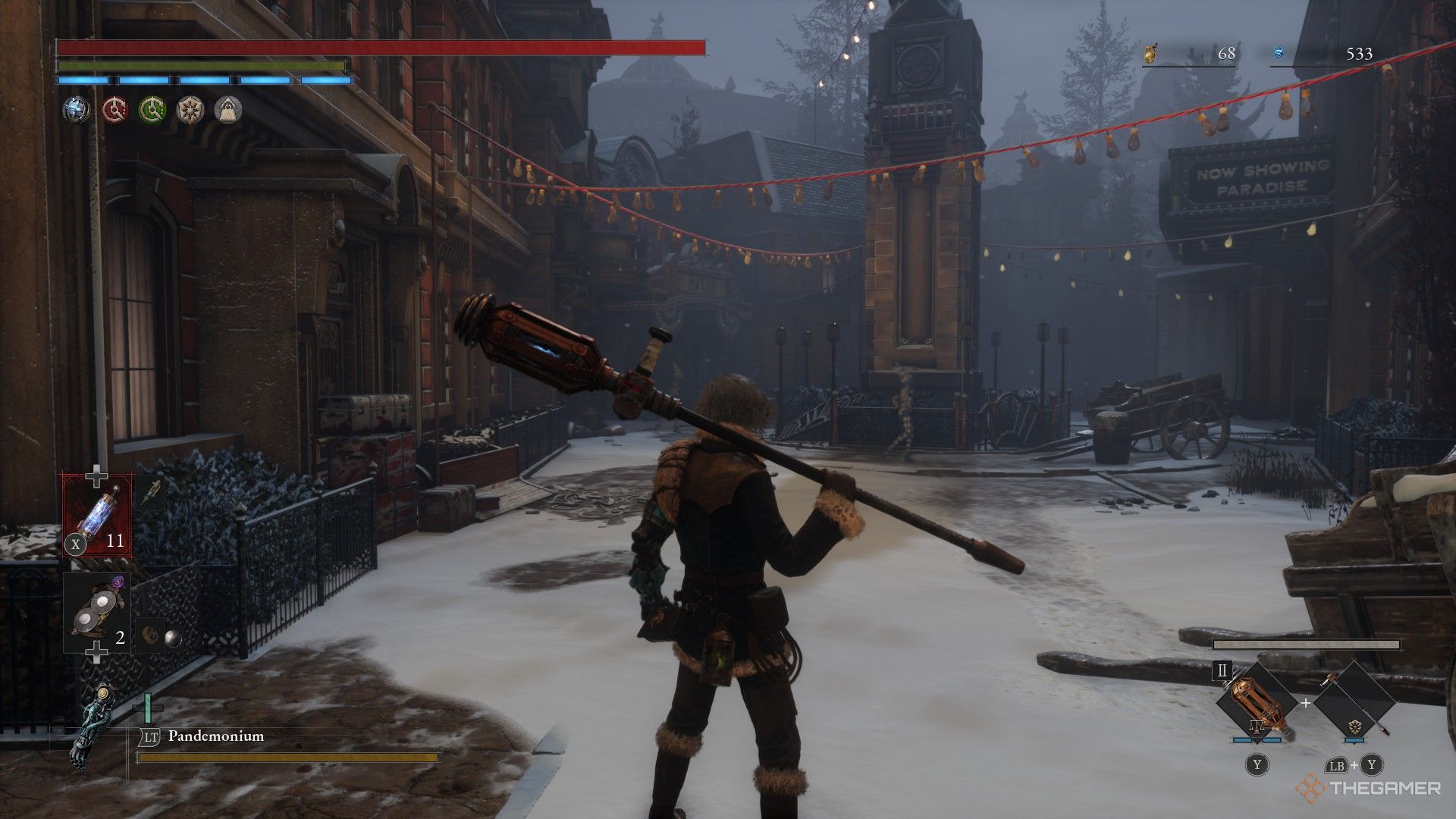 Player looks at the dancing pinwheel clowns in front of the clocktower in the Carnival in Lies of P: Overture.