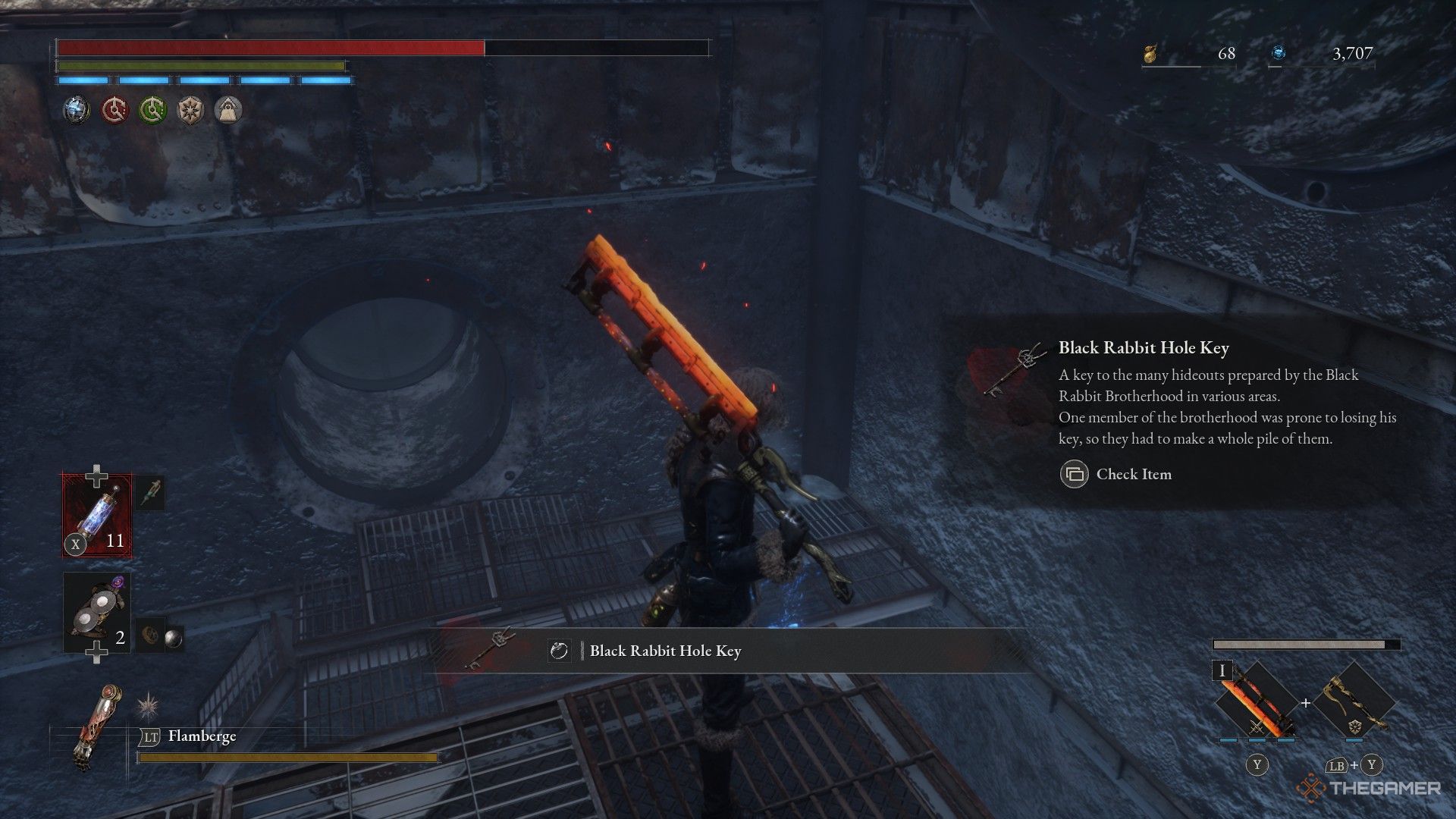 Player picks up the second Black Rabbit Hole Key from a metal overhang in Lies of P: Overture.