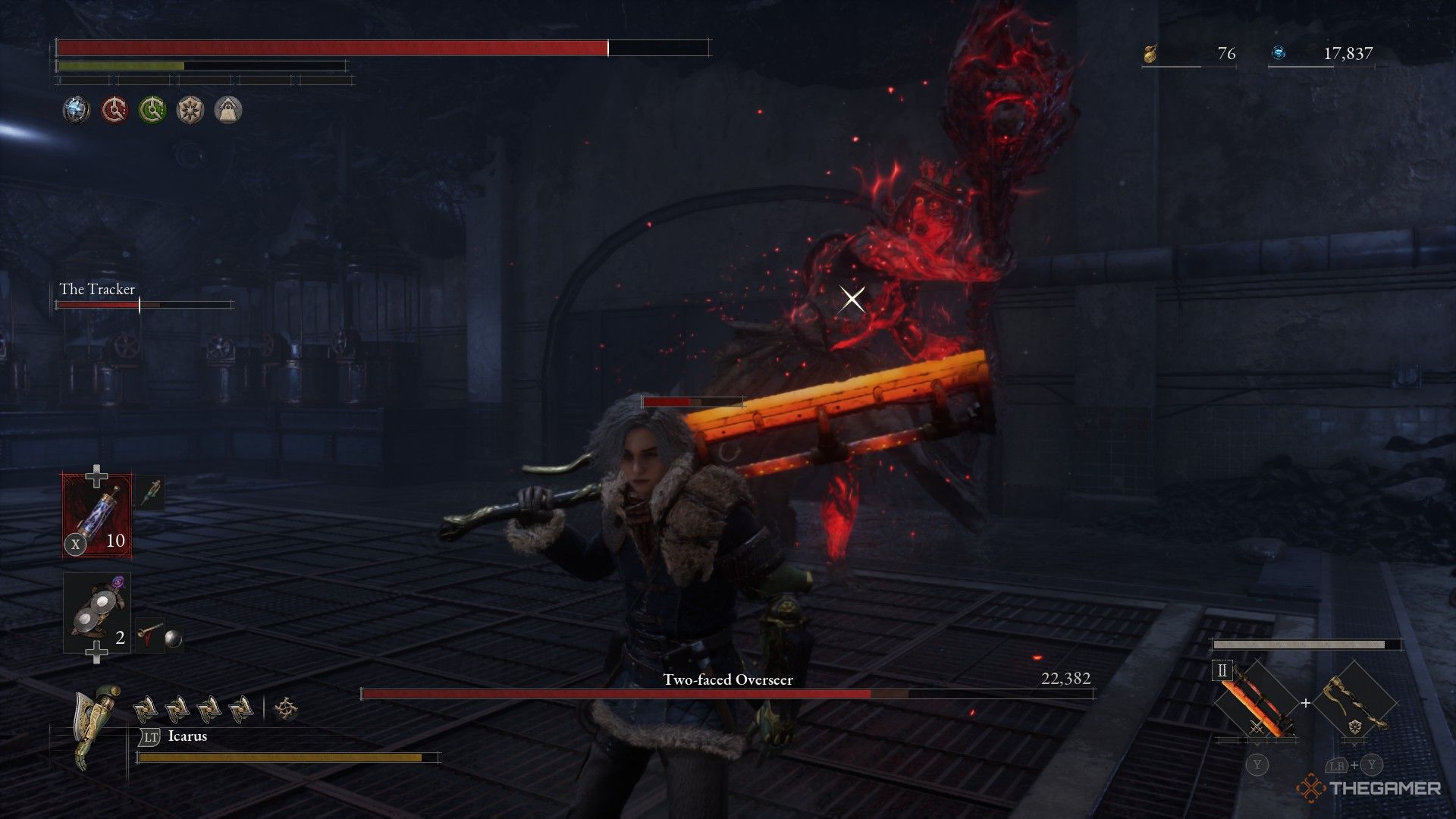 Player turns to look at the camera as Two-Faced Overseer turns into his Red Form in Lies of P: Overture.