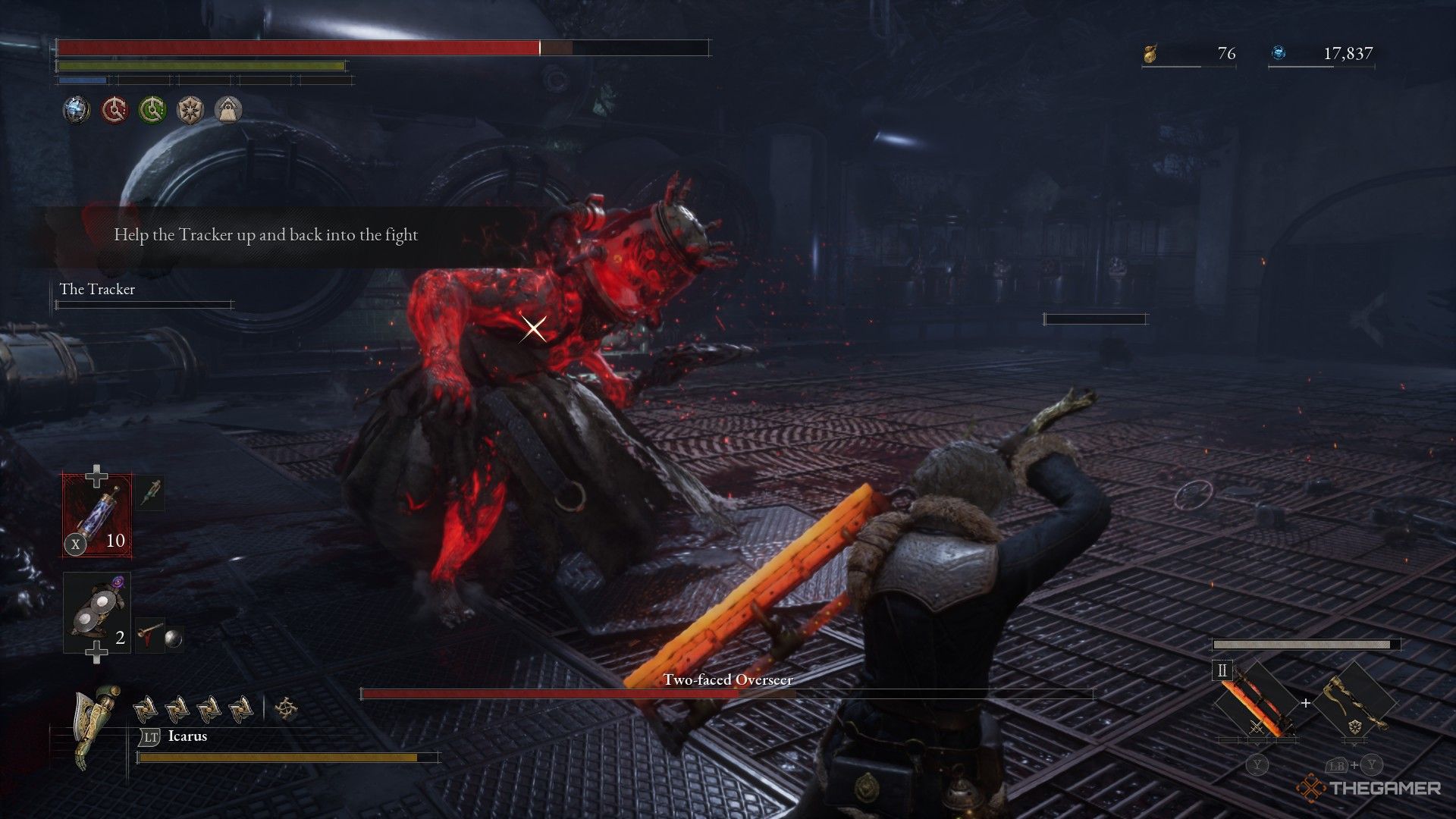 Player guards while Alidoro falls in the background of the Overseer fight in Lies of P: Overture.