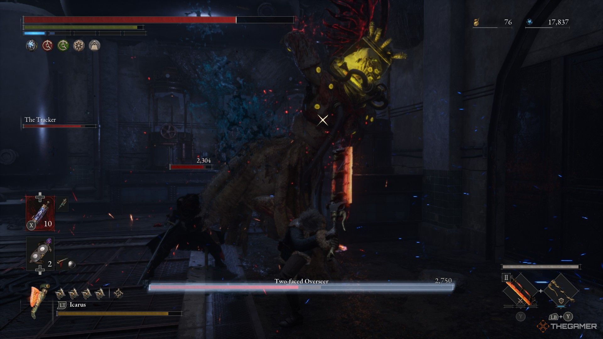 Player prepares to perform a staggering strong attack while the Overseer prepares his own attack in Lies of P: Overture.